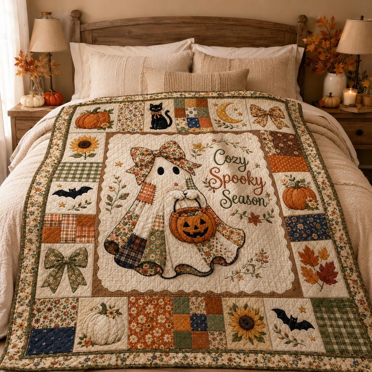 Spooky Season Quilt, Cute Ghost Boo to You Blanket, Pumpkin Moon Halloween Bedding, Cottagecore Fall Throw, Quilted Style Decor Gift