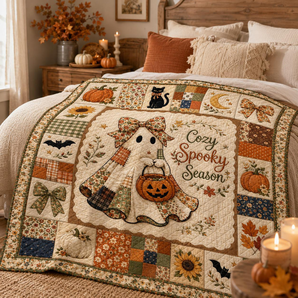 Spooky Season Quilt, Cute Ghost Boo to You Blanket, Pumpkin Moon Halloween Bedding, Cottagecore Fall Throw, Quilted Style Decor Gift