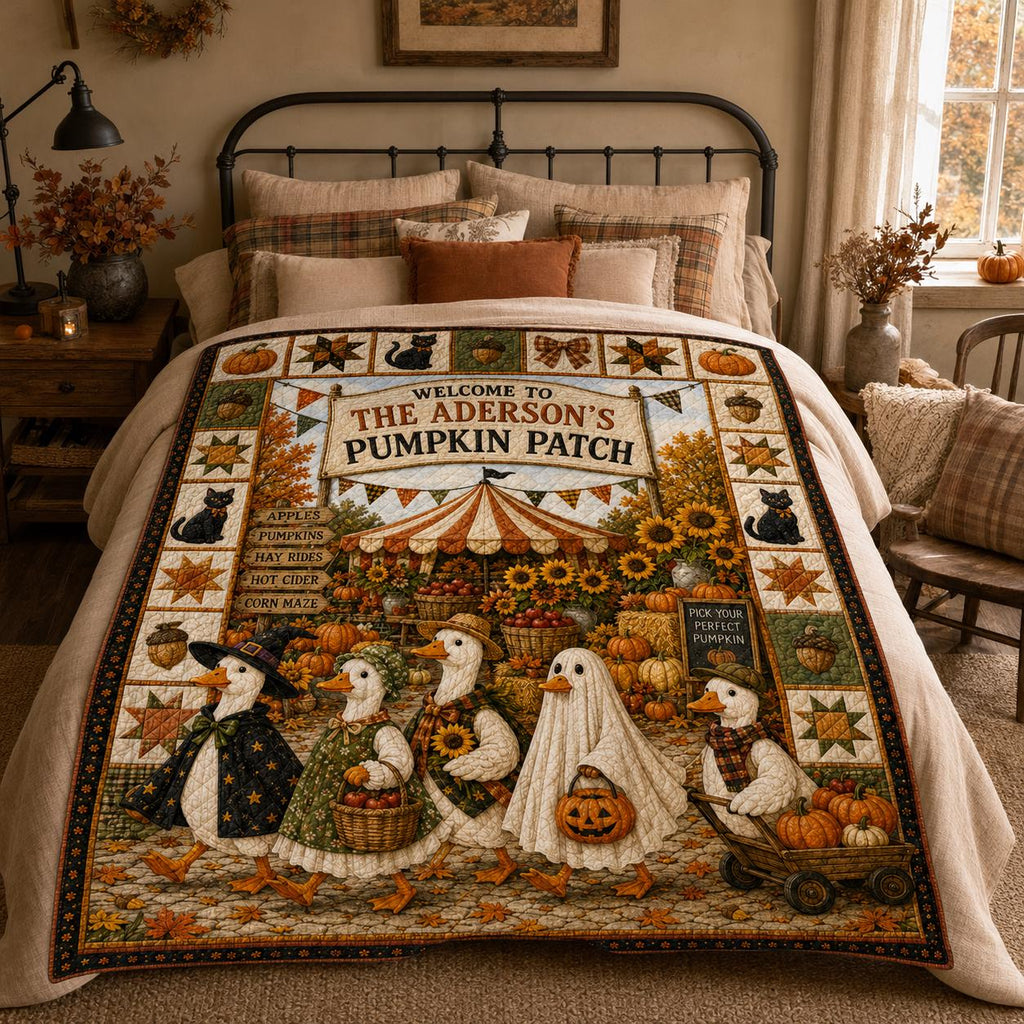 Personalized Fall Harvest Quilt Blanket, Pumpkin Patch Goose Halloween Throw, Black Cat Sunflower Farmhouse Autumn Decor Gift for Bed Sofa