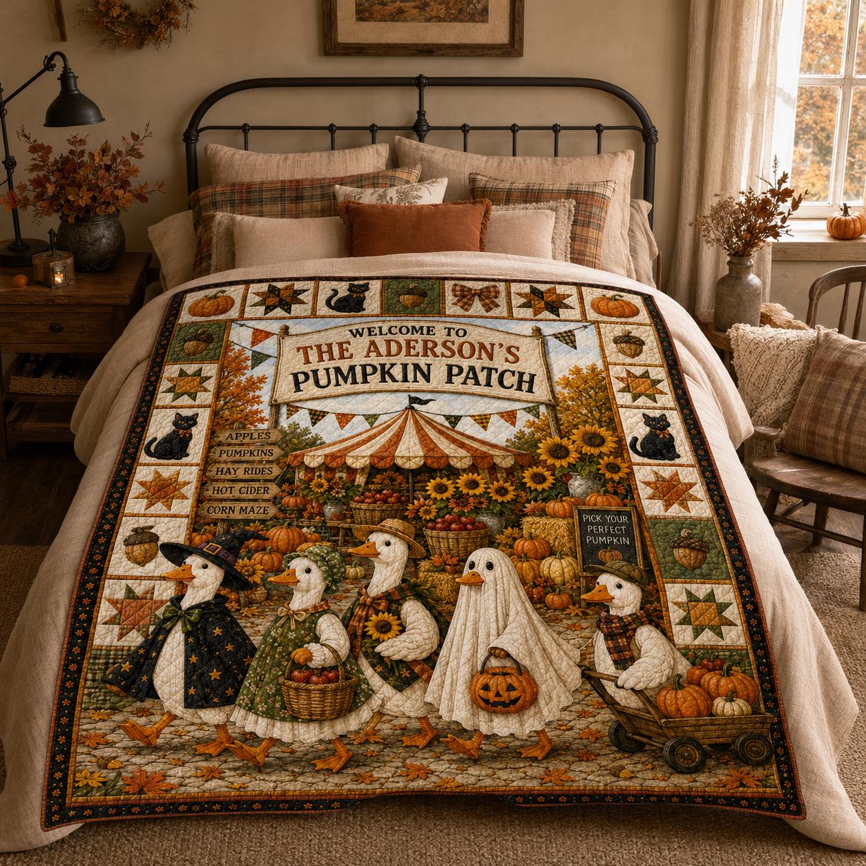 Personalized Fall Harvest Quilt Blanket, Pumpkin Patch Goose Halloween Throw, Black Cat Sunflower Farmhouse Autumn Decor Gift for Bed Sofa