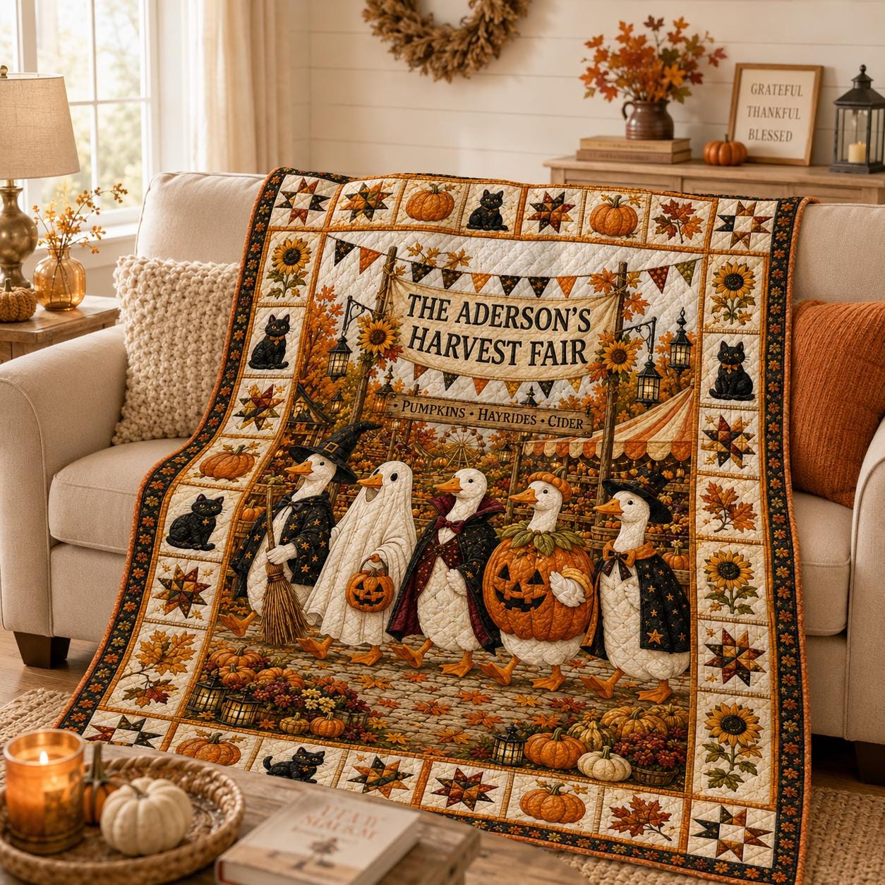 Personalized Fall Harvest Quilt Blanket, Pumpkin Patch Goose Halloween Throw, Black Cat Sunflower Farmhouse Autumn Decor Gift for Bed Sofa