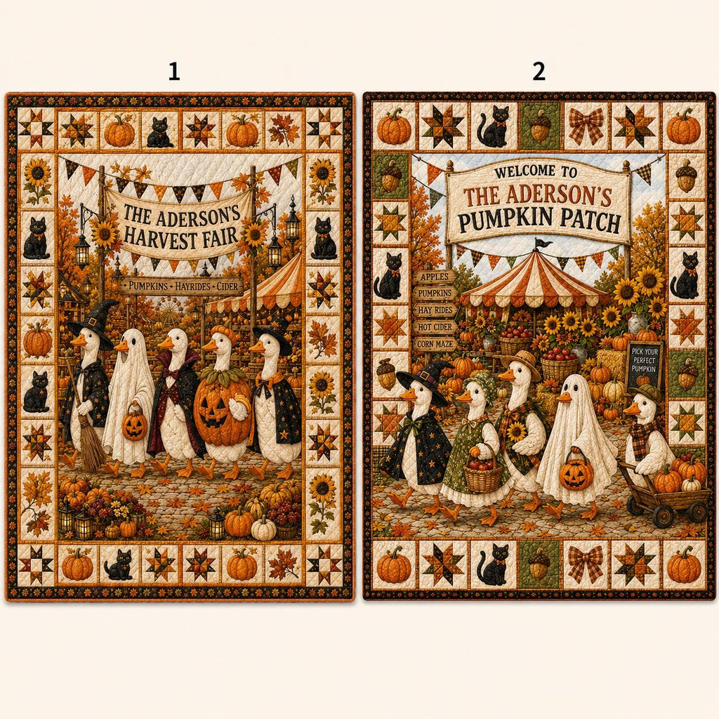 Personalized Fall Harvest Quilt Blanket, Pumpkin Patch Goose Halloween Throw, Black Cat Sunflower Farmhouse Autumn Decor Gift for Bed Sofa