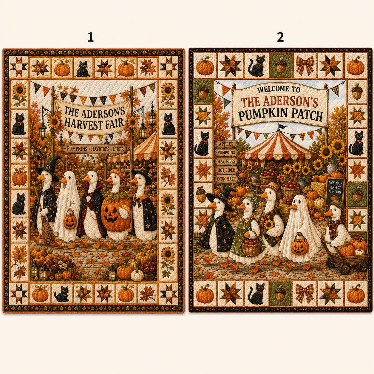 Personalized Fall Harvest Quilt Blanket, Pumpkin Patch Goose Halloween Throw, Black Cat Sunflower Farmhouse Autumn Decor Gift for Bed Sofa
