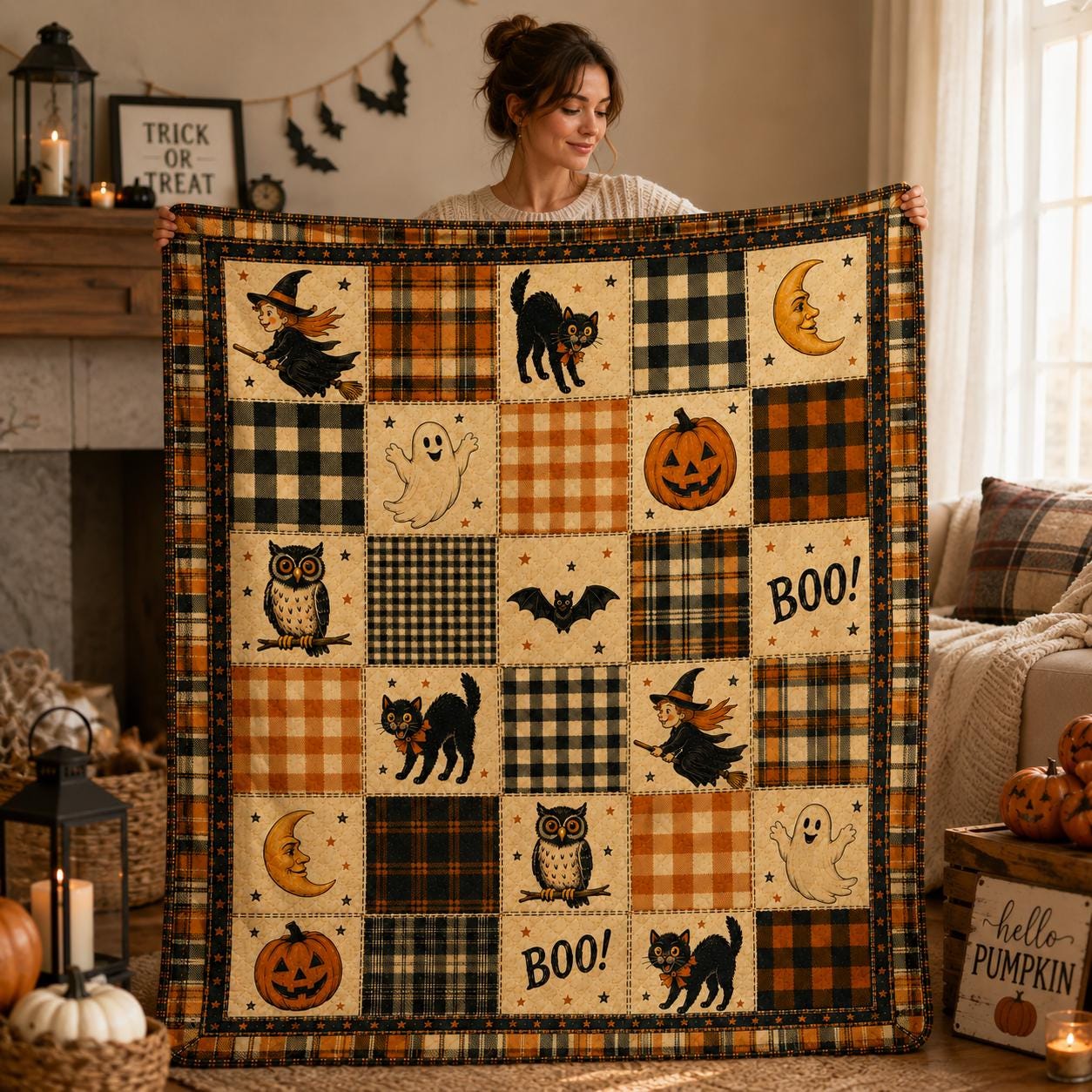 Halloween Patchwork Quilt Blanket, Cute Black Cat Ghost Pumpkin Throw, Witchy Autumn Home Decor, Cozy Fall Sofa Bed Cover Holiday Gift