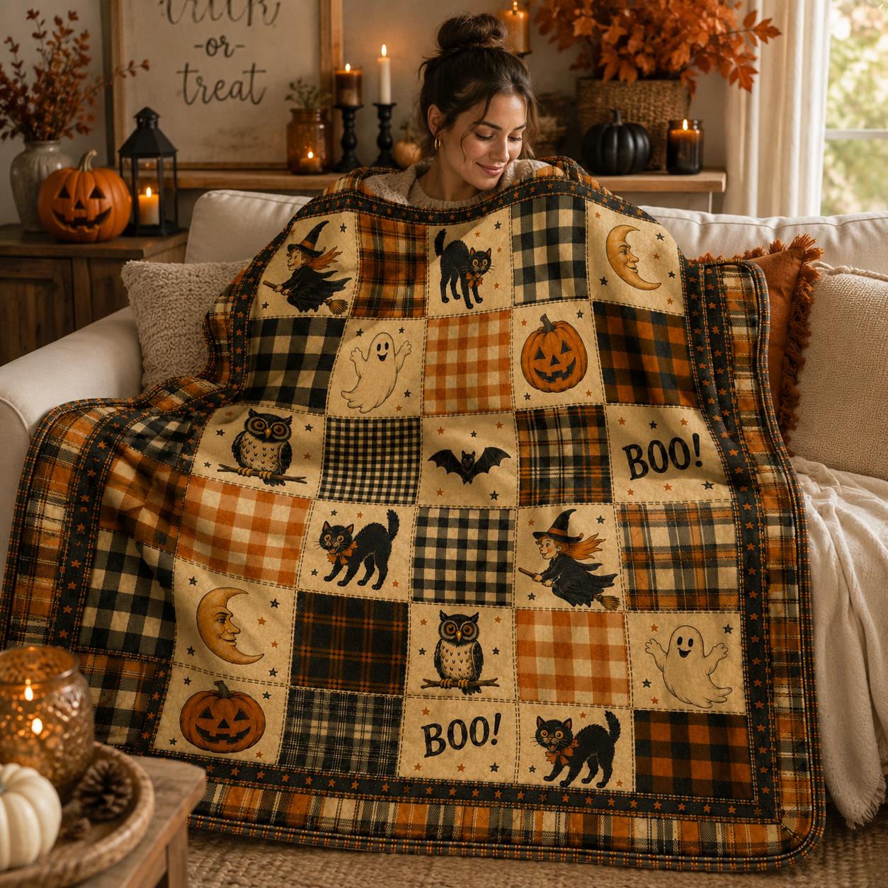 Halloween Patchwork Quilt Blanket, Cute Black Cat Ghost Pumpkin Throw, Witchy Autumn Home Decor, Cozy Fall Sofa Bed Cover Holiday Gift