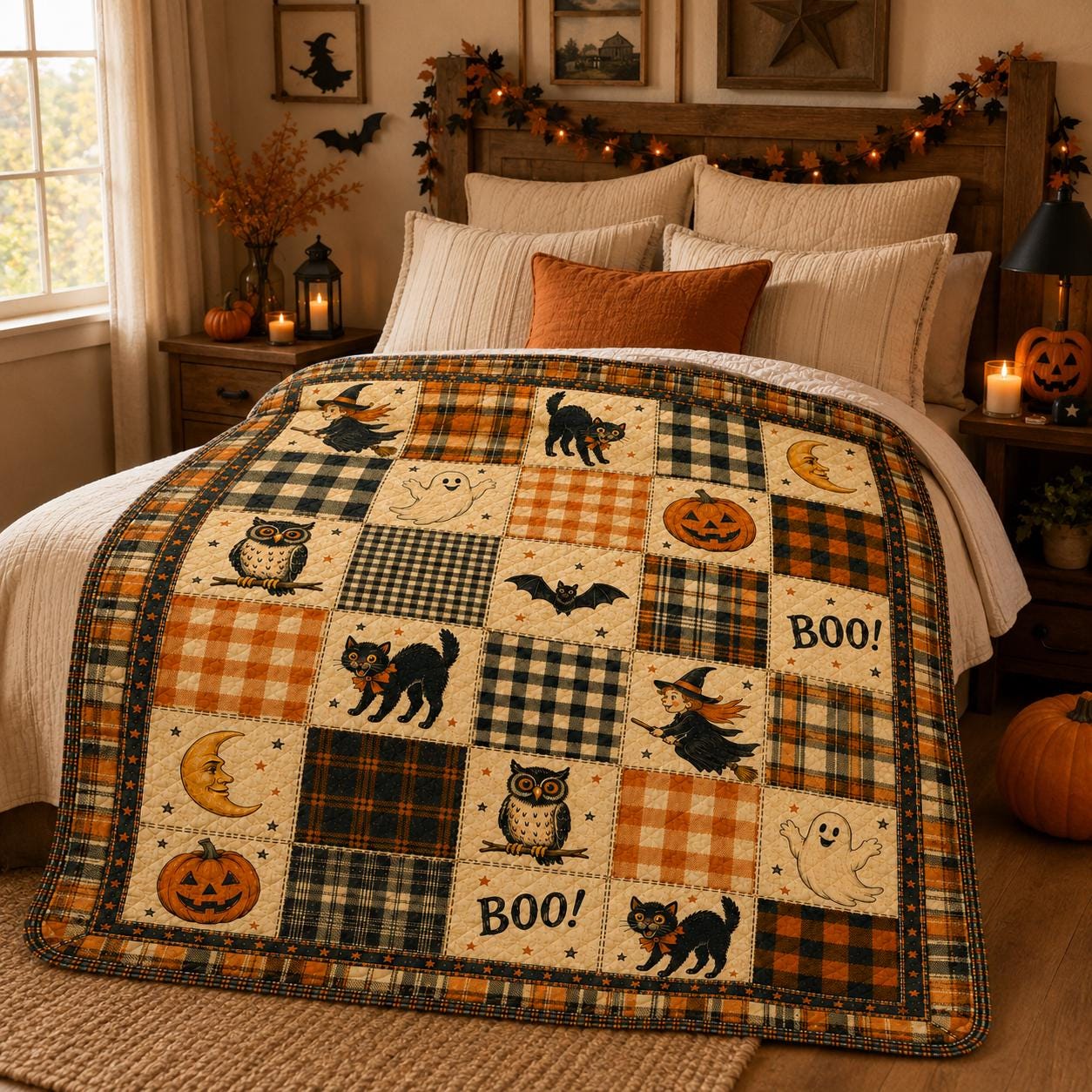 Halloween Patchwork Quilt Blanket, Cute Black Cat Ghost Pumpkin Throw, Witchy Autumn Home Decor, Cozy Fall Sofa Bed Cover Holiday Gift