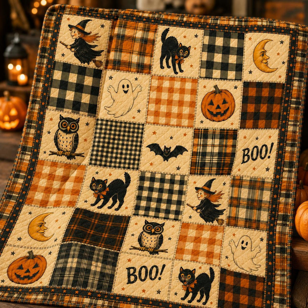 Halloween Patchwork Quilt Blanket, Cute Black Cat Ghost Pumpkin Throw, Witchy Autumn Home Decor, Cozy Fall Sofa Bed Cover Holiday Gift