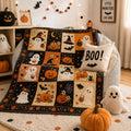 Halloween Black Cat Pumpkin Ghost Quilt Blanket, Rustic Patchwork Throw, Cozy Autumn Bedding, Farmhouse Fall Home Decor Gift