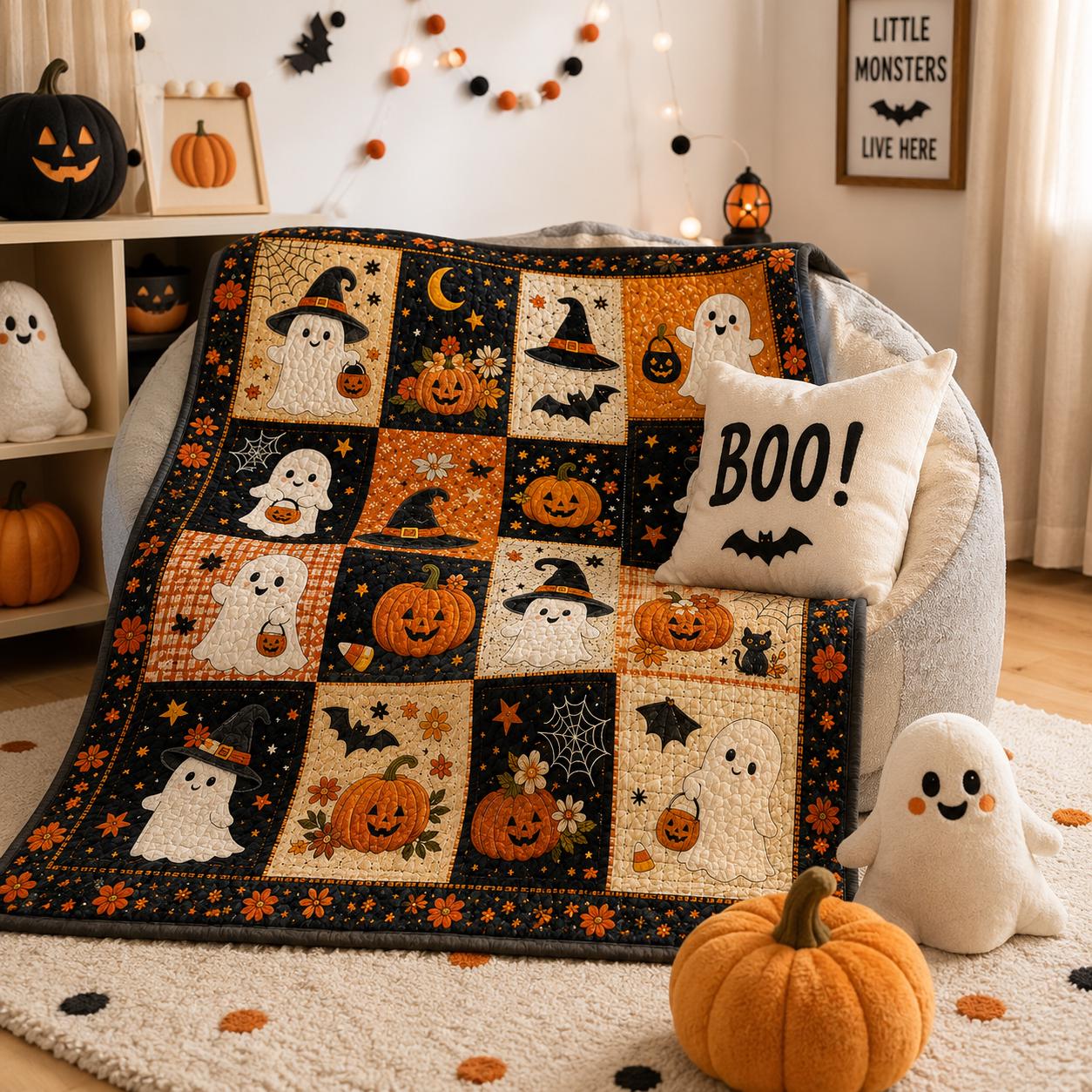 Halloween Black Cat Pumpkin Ghost Quilt Blanket, Rustic Patchwork Throw, Cozy Autumn Bedding, Farmhouse Fall Home Decor Gift