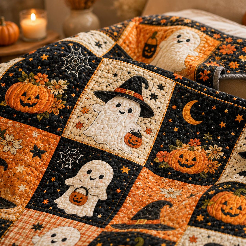 Halloween Black Cat Pumpkin Ghost Quilt Blanket, Rustic Patchwork Throw, Cozy Autumn Bedding, Farmhouse Fall Home Decor Gift