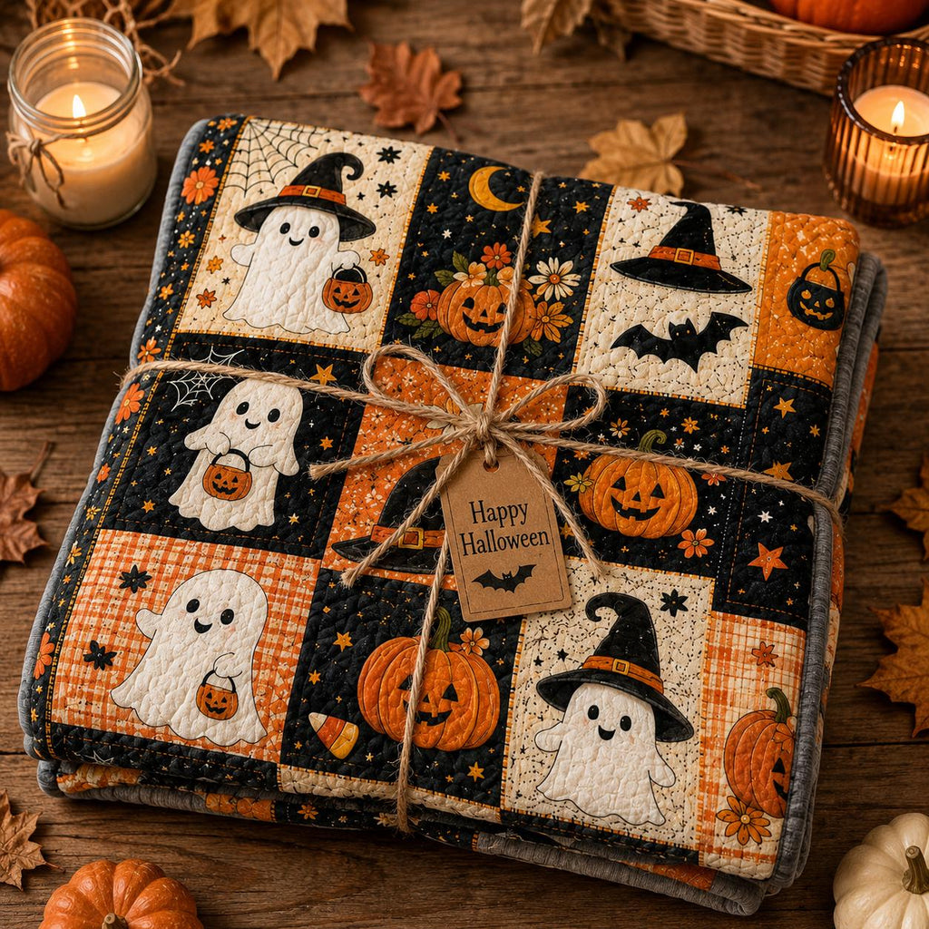 Halloween Black Cat Pumpkin Ghost Quilt Blanket, Rustic Patchwork Throw, Cozy Autumn Bedding, Farmhouse Fall Home Decor Gift