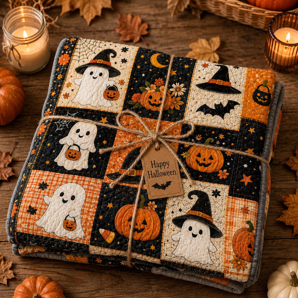 Halloween Black Cat Pumpkin Ghost Quilt Blanket, Rustic Patchwork Throw, Cozy Autumn Bedding, Farmhouse Fall Home Decor Gift