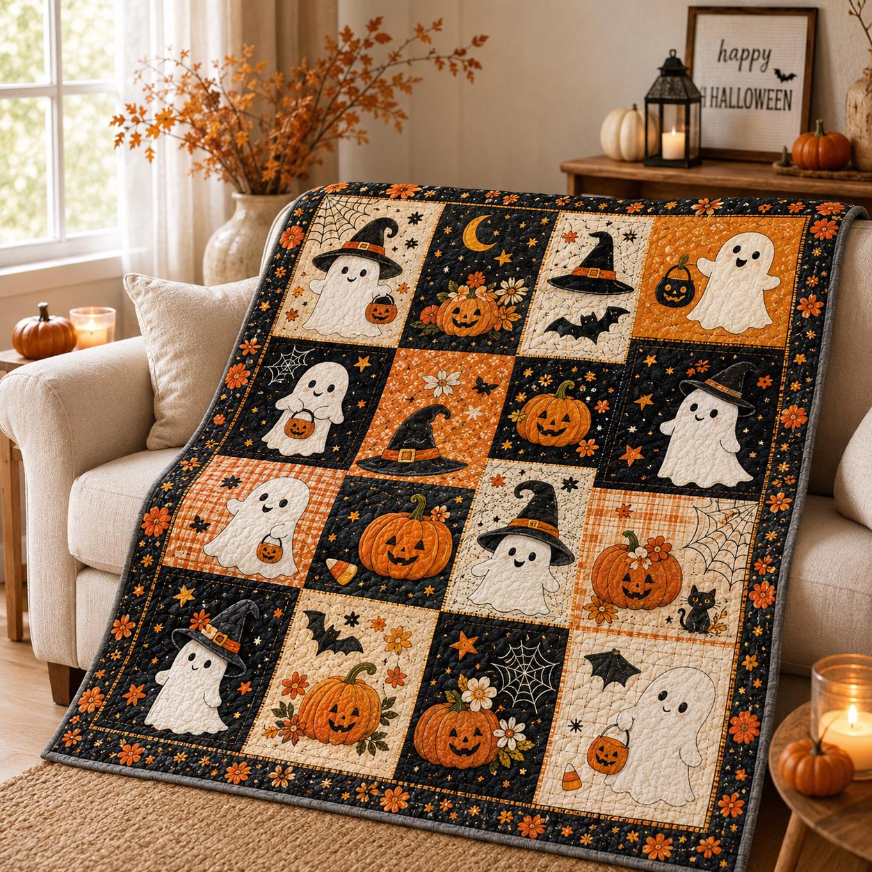Halloween Black Cat Pumpkin Ghost Quilt Blanket, Rustic Patchwork Throw, Cozy Autumn Bedding, Farmhouse Fall Home Decor Gift