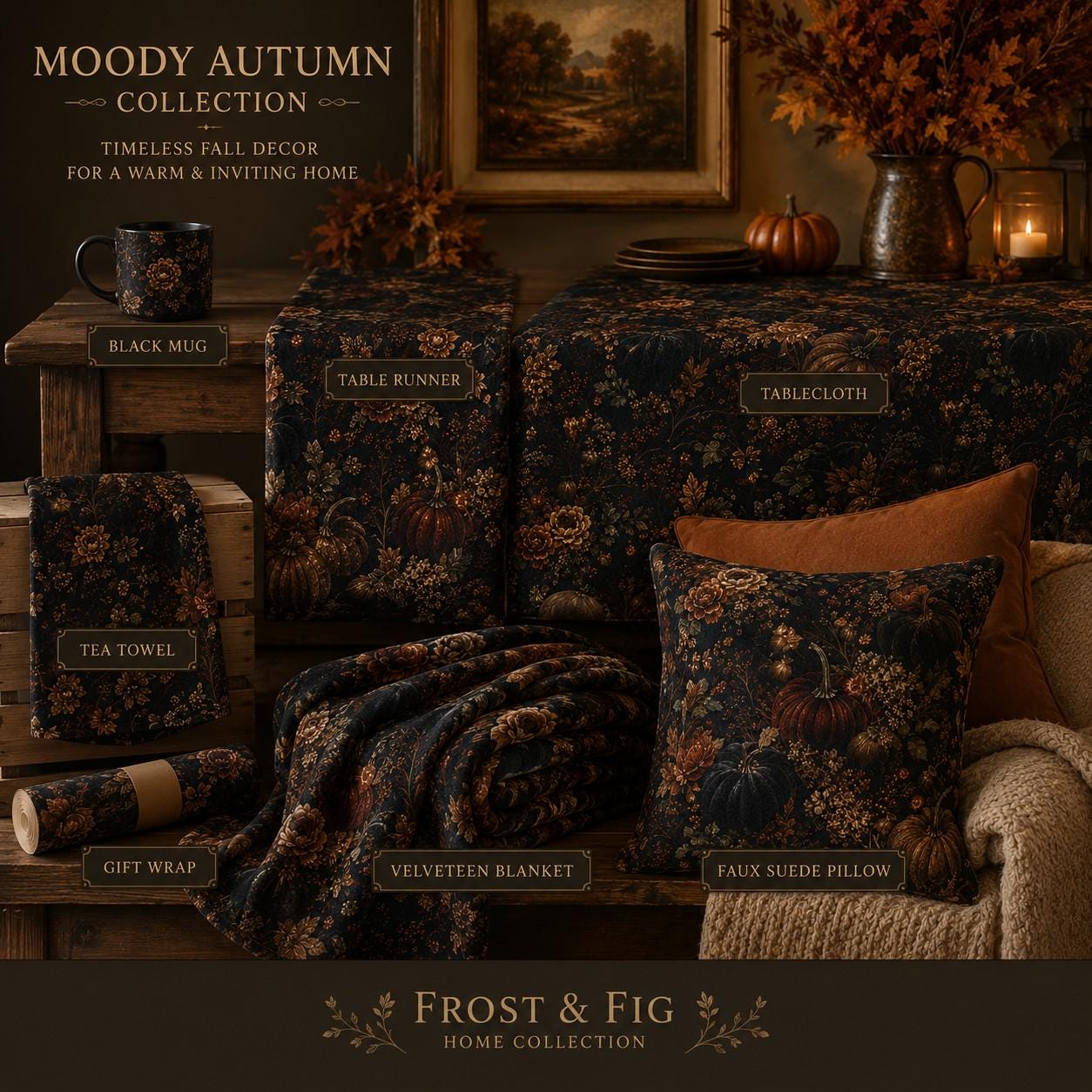Moody Autumn Velveteen Blanket | Cozy Fall Throw | Autumn Home Decor