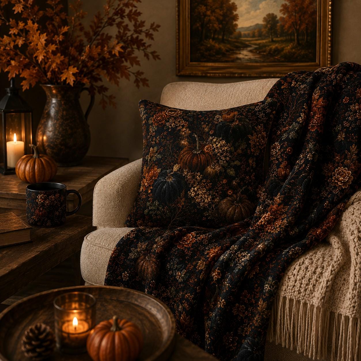 Moody Autumn Velveteen Blanket | Cozy Fall Throw | Autumn Home Decor