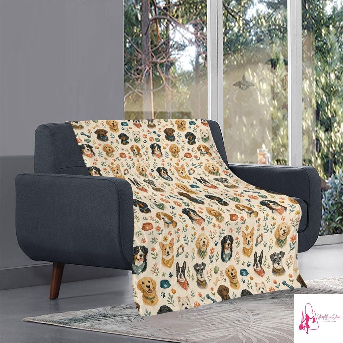 Cute Dog Breeds Blanket, Cottagecore Floral Puppy Cozy Throw Blanket, Whimsical Pet Lover Gift, Soft Animal Home Decor