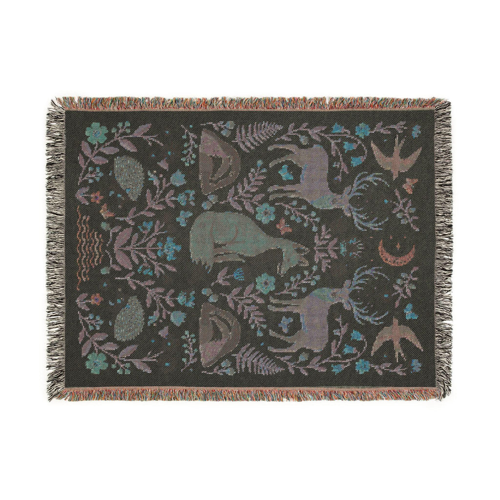 Woodland Animals Woven Blanket, Customizable Cottagecore Fox Throw, Folk Art Deer Badger Hedgehog Blanket, Nature Nursery, Rustic Throw