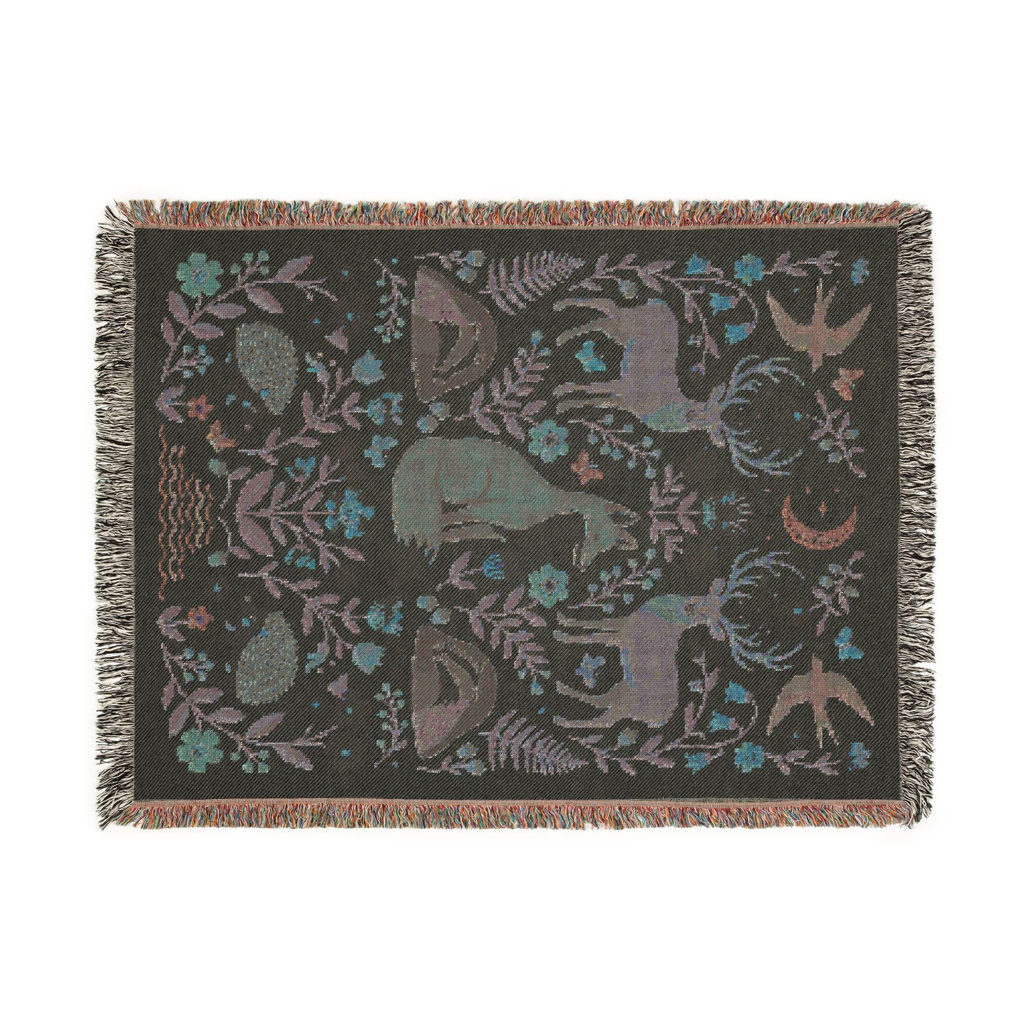 Woodland Animals Woven Blanket, Customizable Cottagecore Fox Throw, Folk Art Deer Badger Hedgehog Blanket, Nature Nursery, Rustic Throw