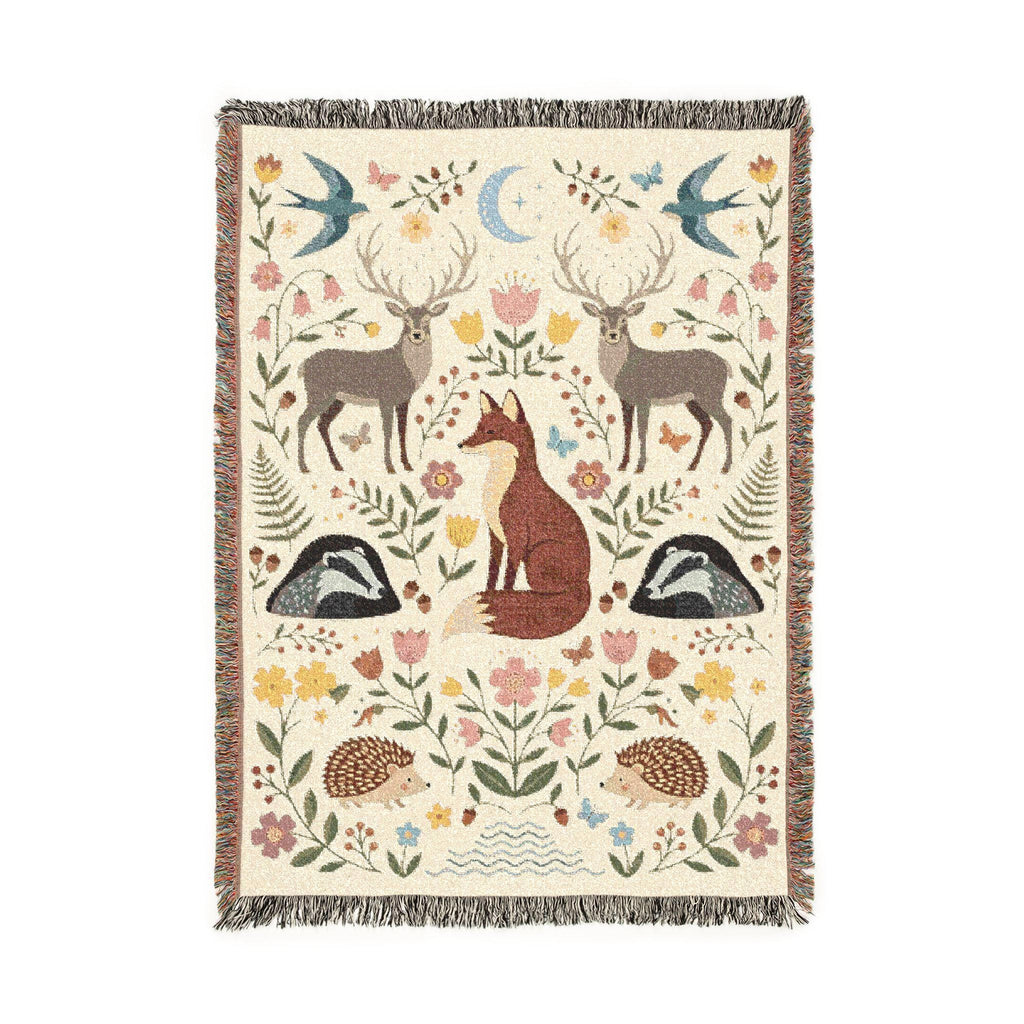 Woodland Animals Woven Blanket, Customizable Cottagecore Fox Throw, Folk Art Deer Badger Hedgehog Blanket, Nature Nursery, Rustic Throw