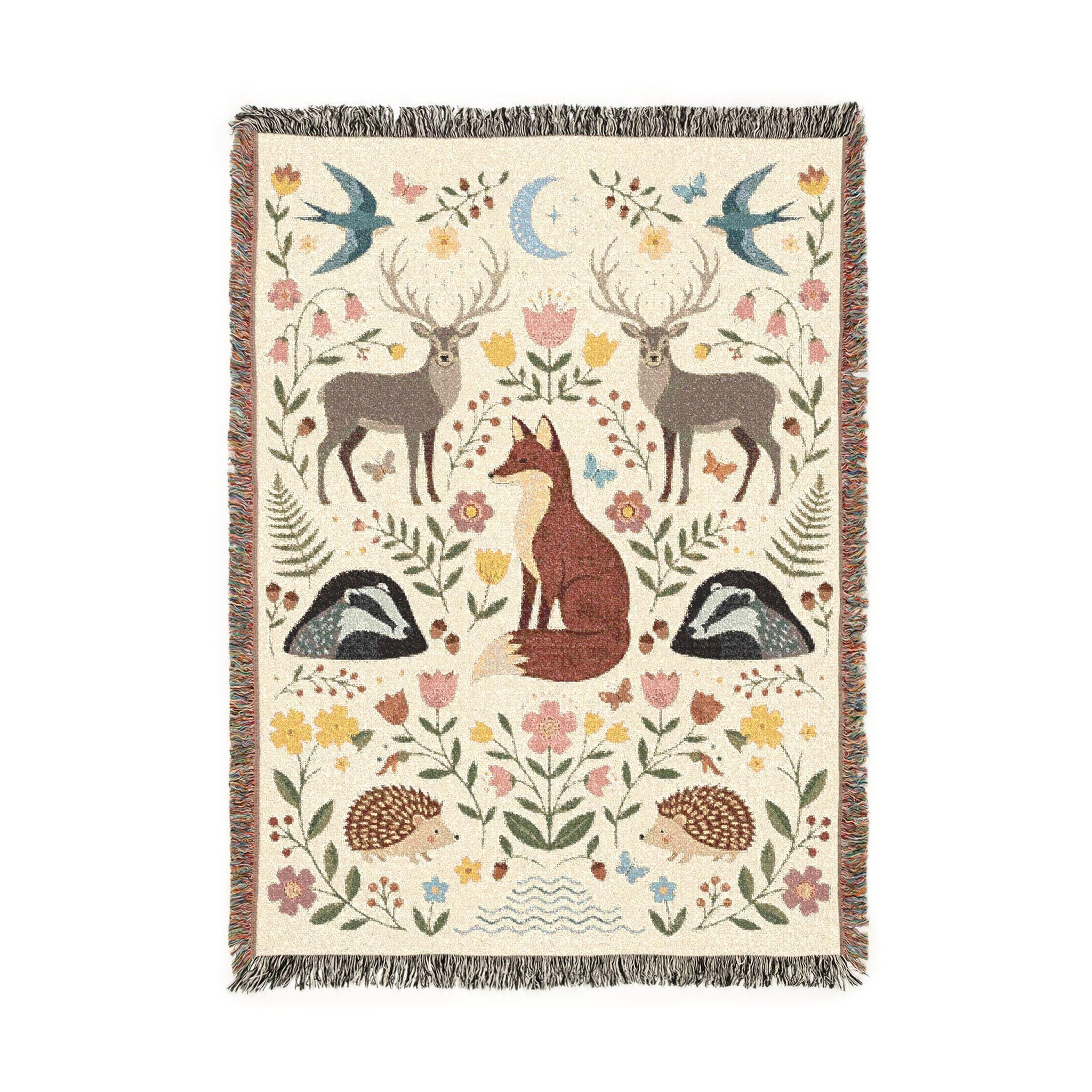 Woodland Animals Woven Blanket, Customizable Cottagecore Fox Throw, Folk Art Deer Badger Hedgehog Blanket, Nature Nursery, Rustic Throw