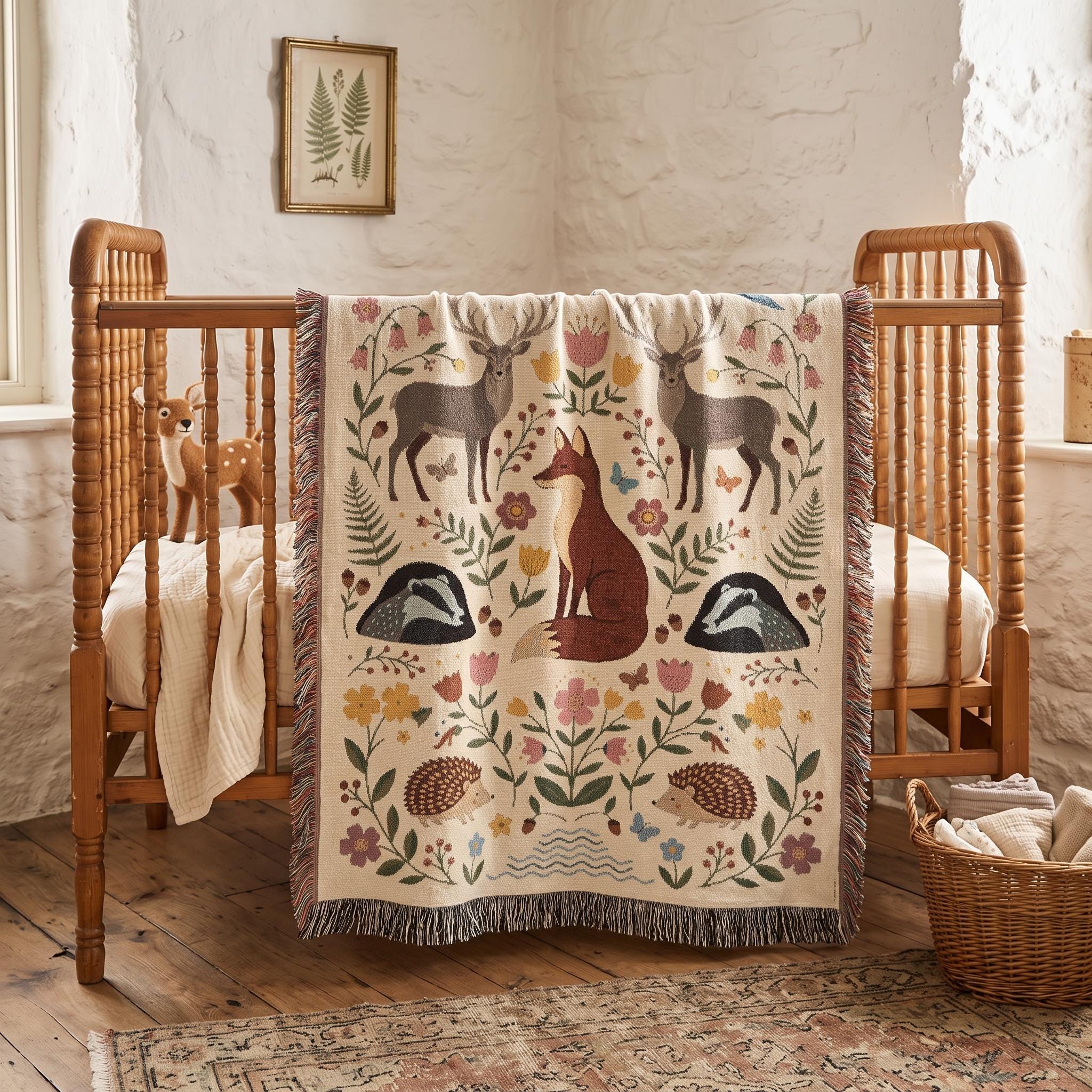 Woodland Animals Woven Blanket, Customizable Cottagecore Fox Throw, Folk Art Deer Badger Hedgehog Blanket, Nature Nursery, Rustic Throw