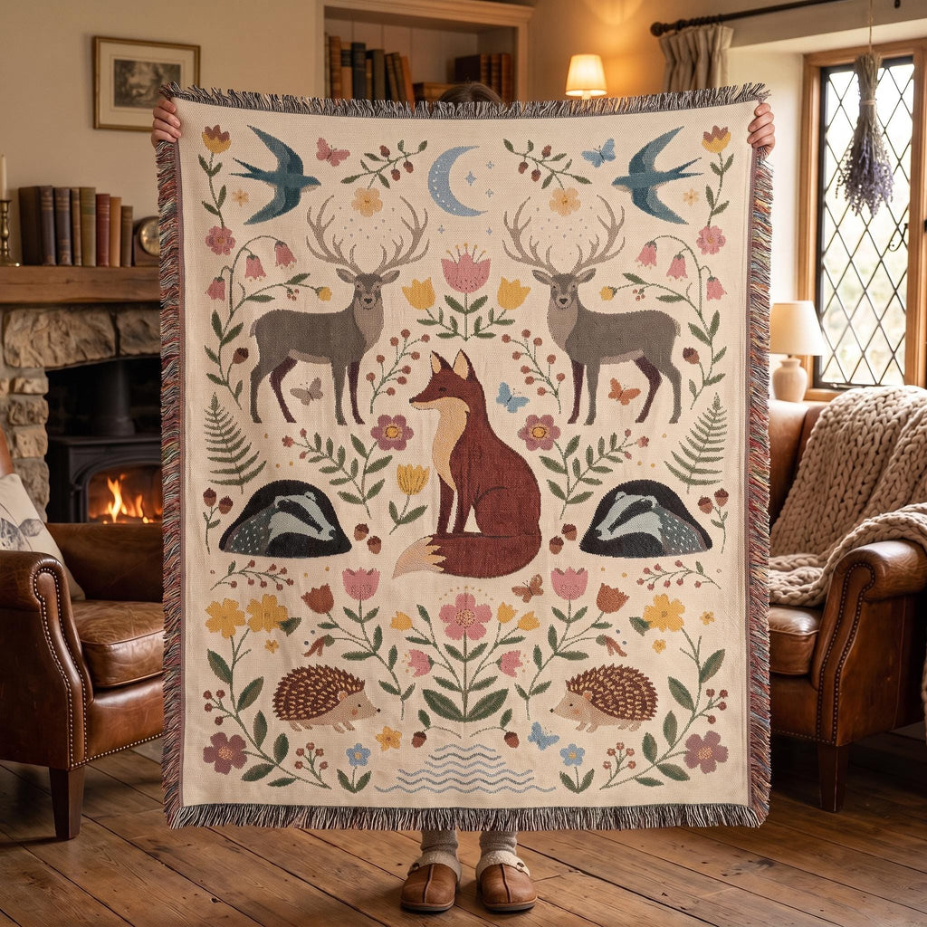 Woodland Animals Woven Blanket, Customizable Cottagecore Fox Throw, Folk Art Deer Badger Hedgehog Blanket, Nature Nursery, Rustic Throw