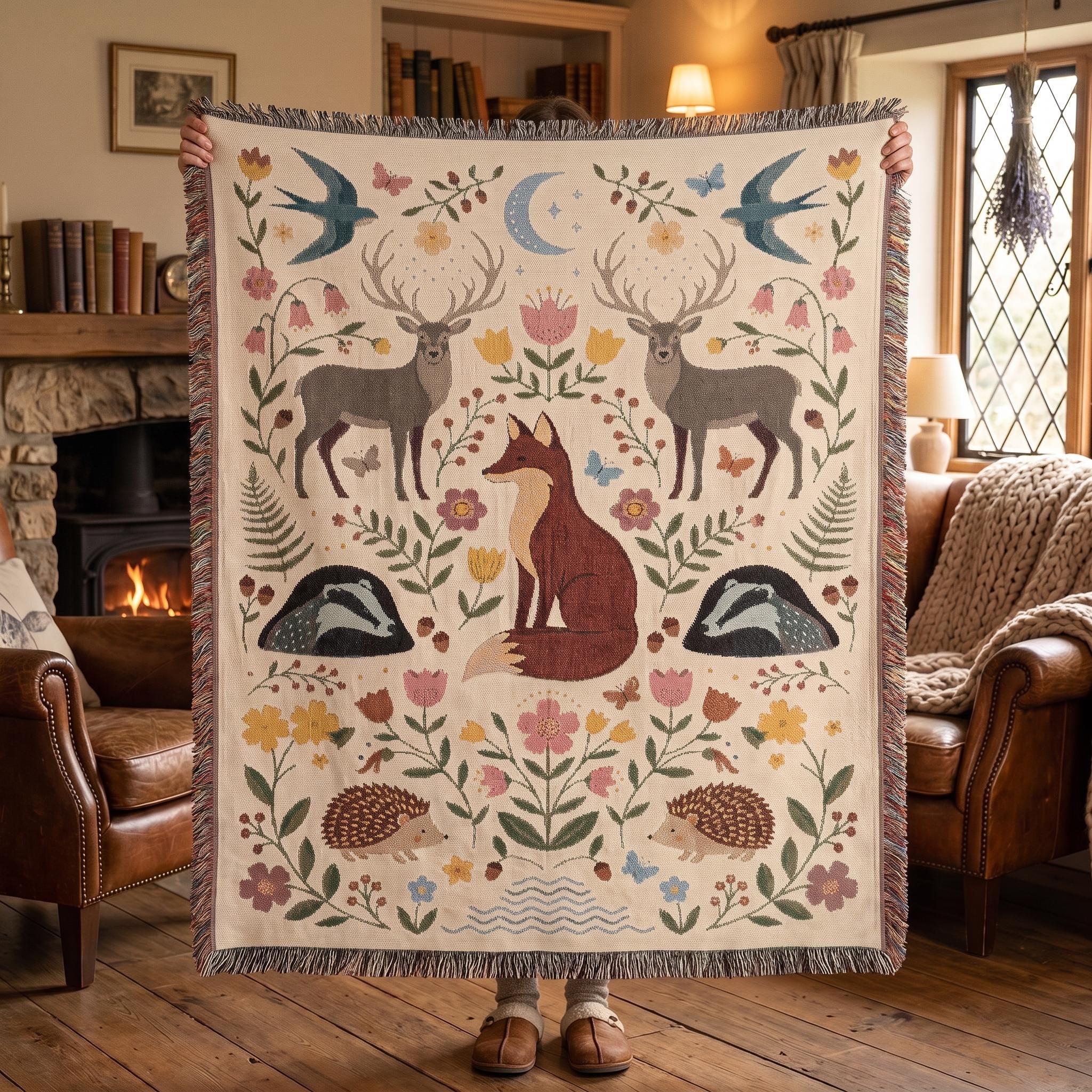 Woodland Animals Woven Blanket, Customizable Cottagecore Fox Throw, Folk Art Deer Badger Hedgehog Blanket, Nature Nursery, Rustic Throw