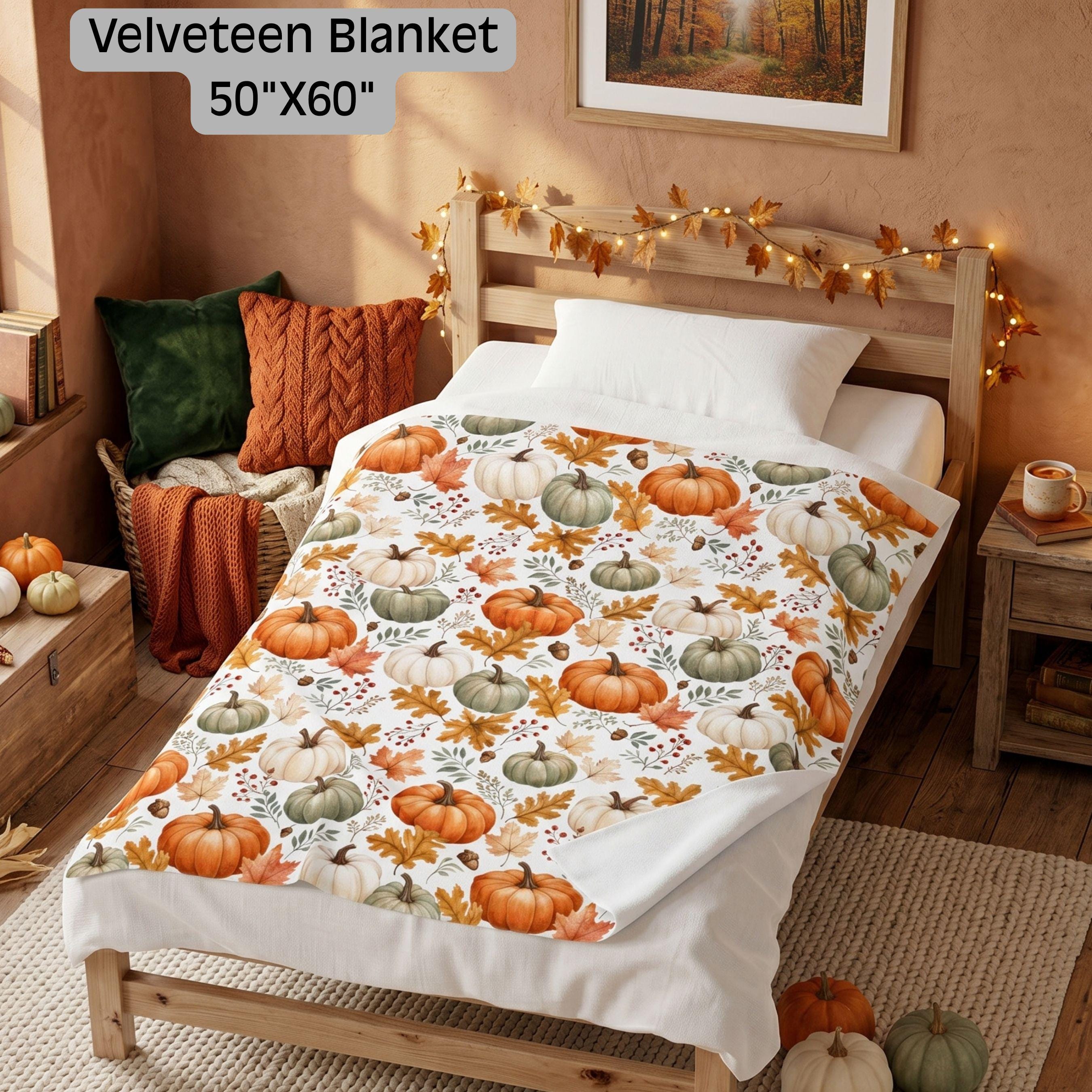 Fall Pumpkin Blanket, Autumn Harvest Sherpa or Velveteen Throw