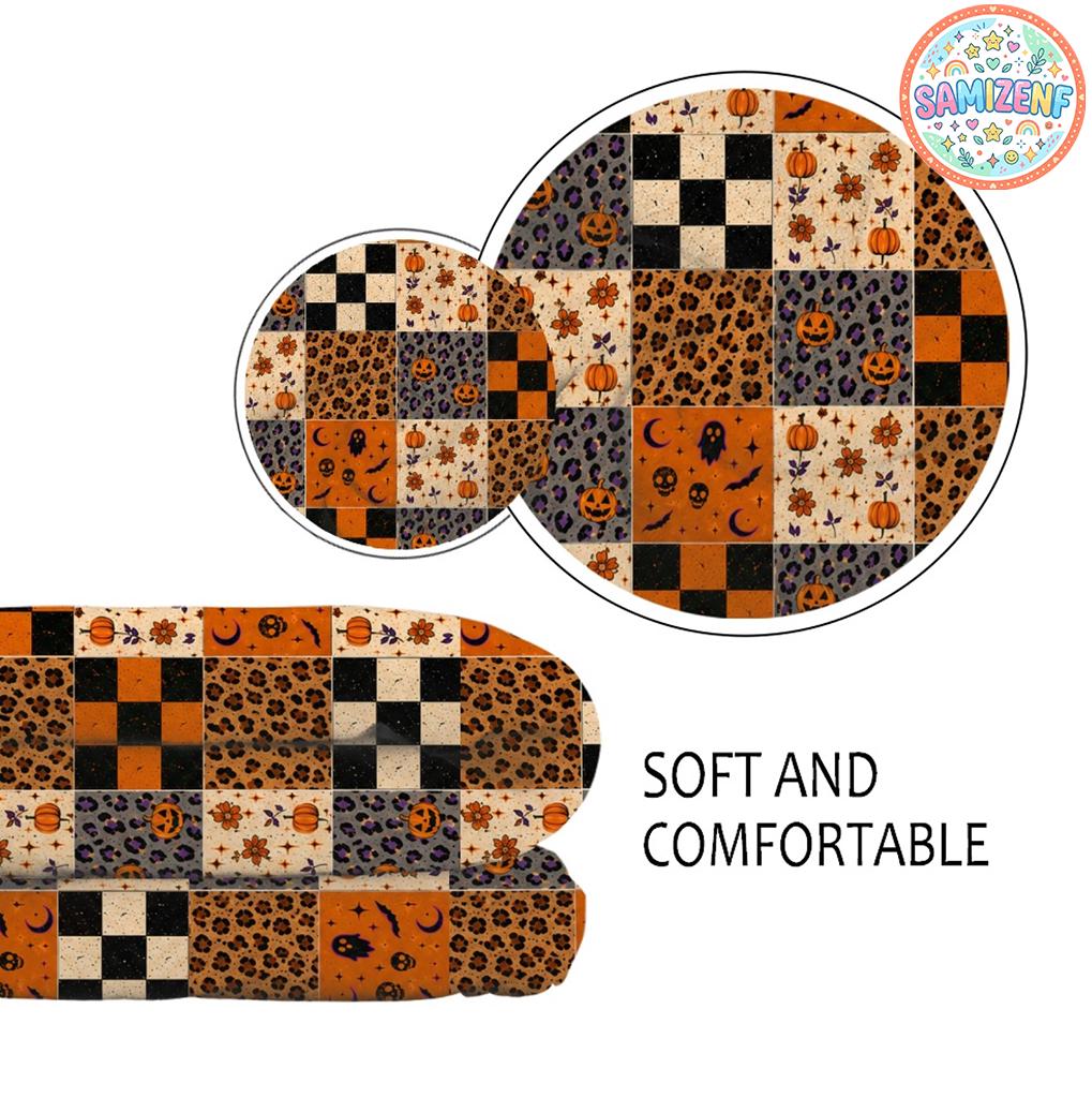 Halloween Patchwork Blanket, Spooky Ghost Quilt, Pumpkin Leopard Print Throw