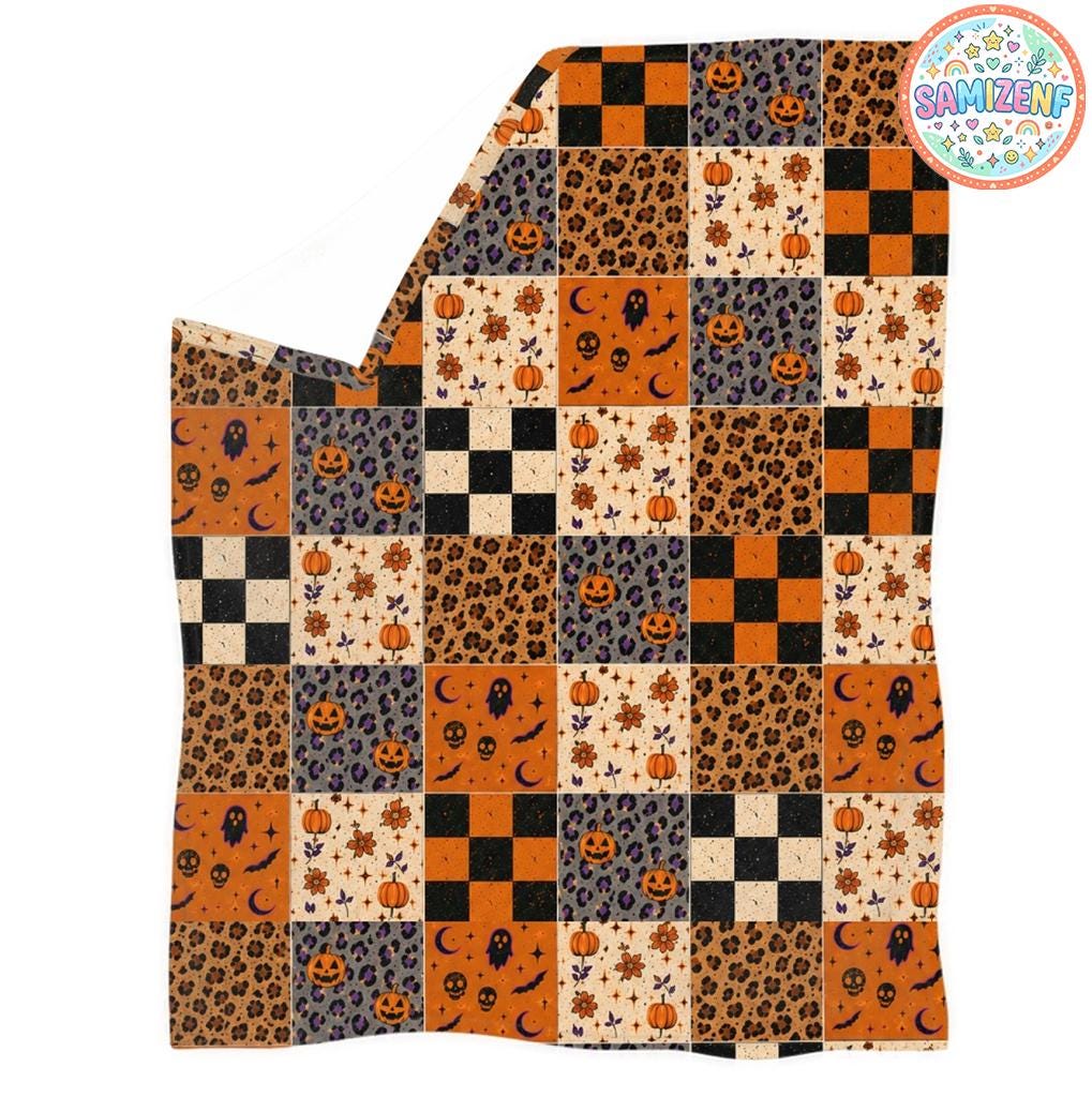 Halloween Patchwork Blanket, Spooky Ghost Quilt, Pumpkin Leopard Print Throw