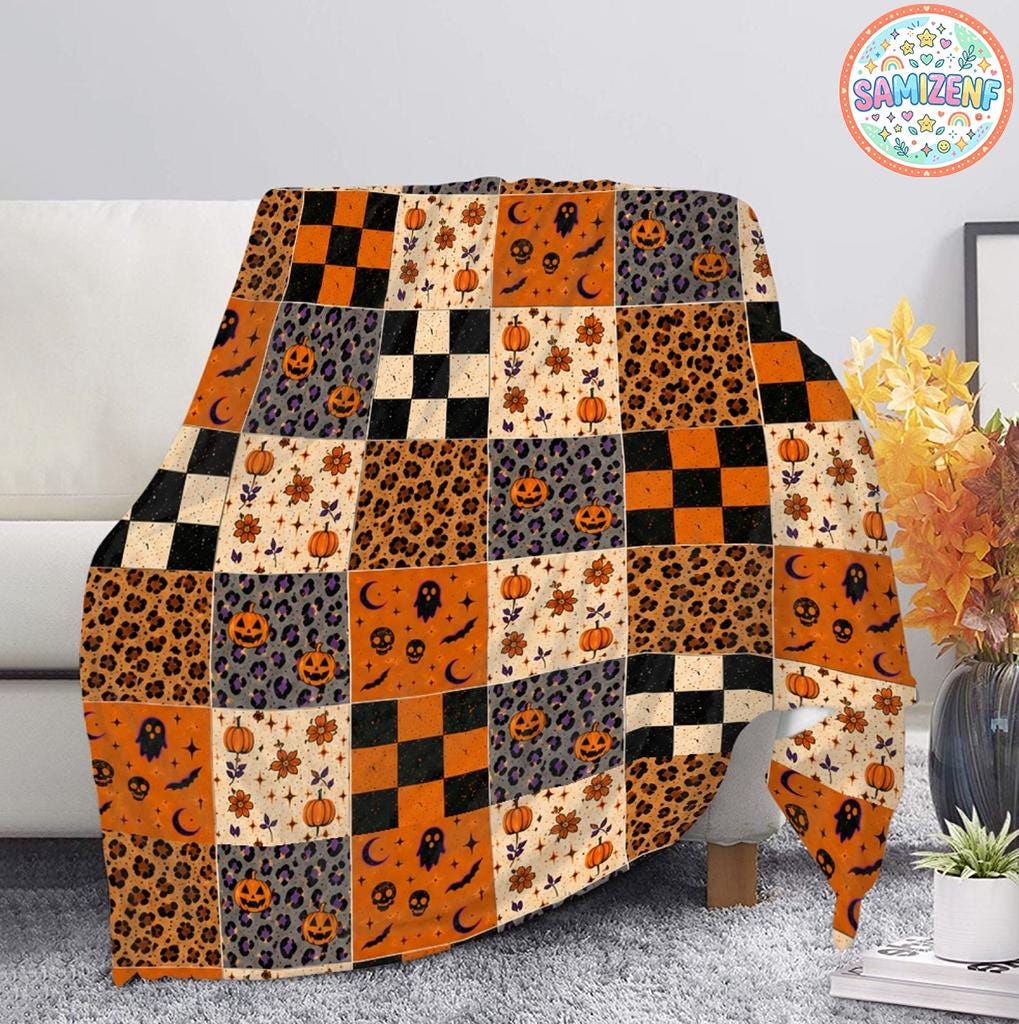 Halloween Patchwork Blanket, Spooky Ghost Quilt, Pumpkin Leopard Print Throw
