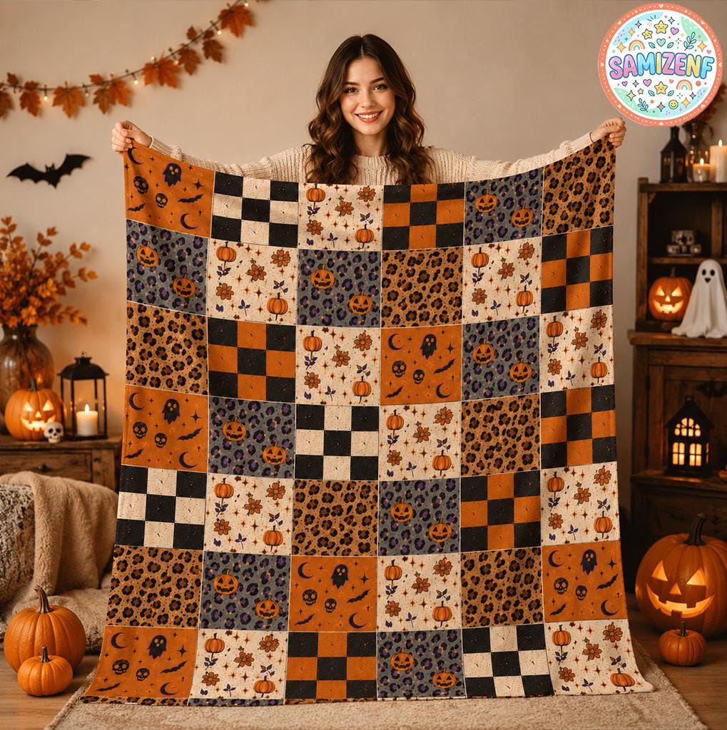 Halloween Patchwork Blanket, Spooky Ghost Quilt, Pumpkin Leopard Print Throw