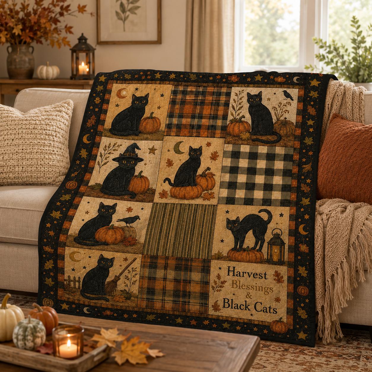 Rustic Halloween Throw Blanket, Black Cat Ghost Pumpkin Quilt, Cozy Patchwork Bedding, Autumn Farmhouse Decor Gift