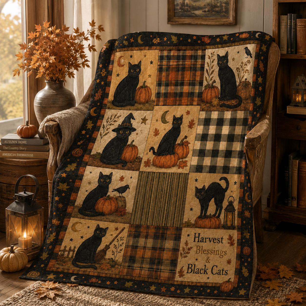 Rustic Halloween Throw Blanket, Black Cat Ghost Pumpkin Quilt, Cozy Patchwork Bedding, Autumn Farmhouse Decor Gift