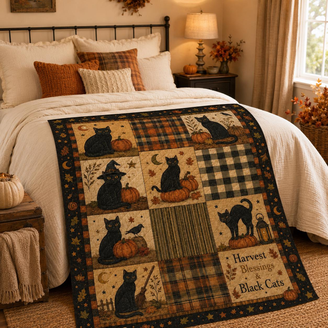 Rustic Halloween Throw Blanket, Black Cat Ghost Pumpkin Quilt, Cozy Patchwork Bedding, Autumn Farmhouse Decor Gift