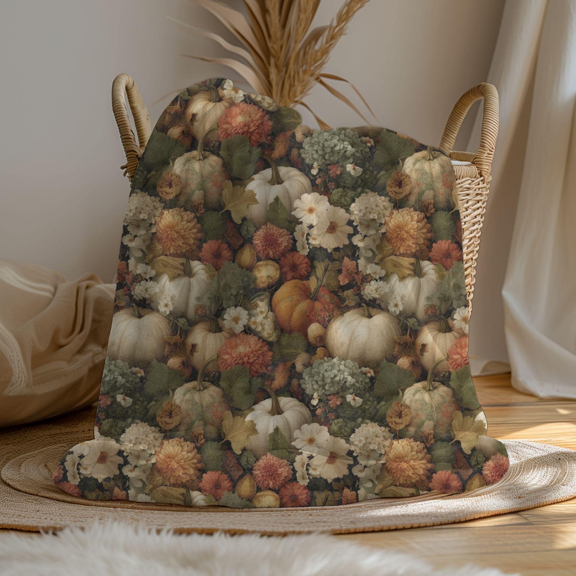Fall Throw Blanket, Autumn Harvest Pumpkin Blanket, Cottagecore Floral Fleece Throw, Cozy Thanksgiving Decor, Rustic Farmhouse Gift