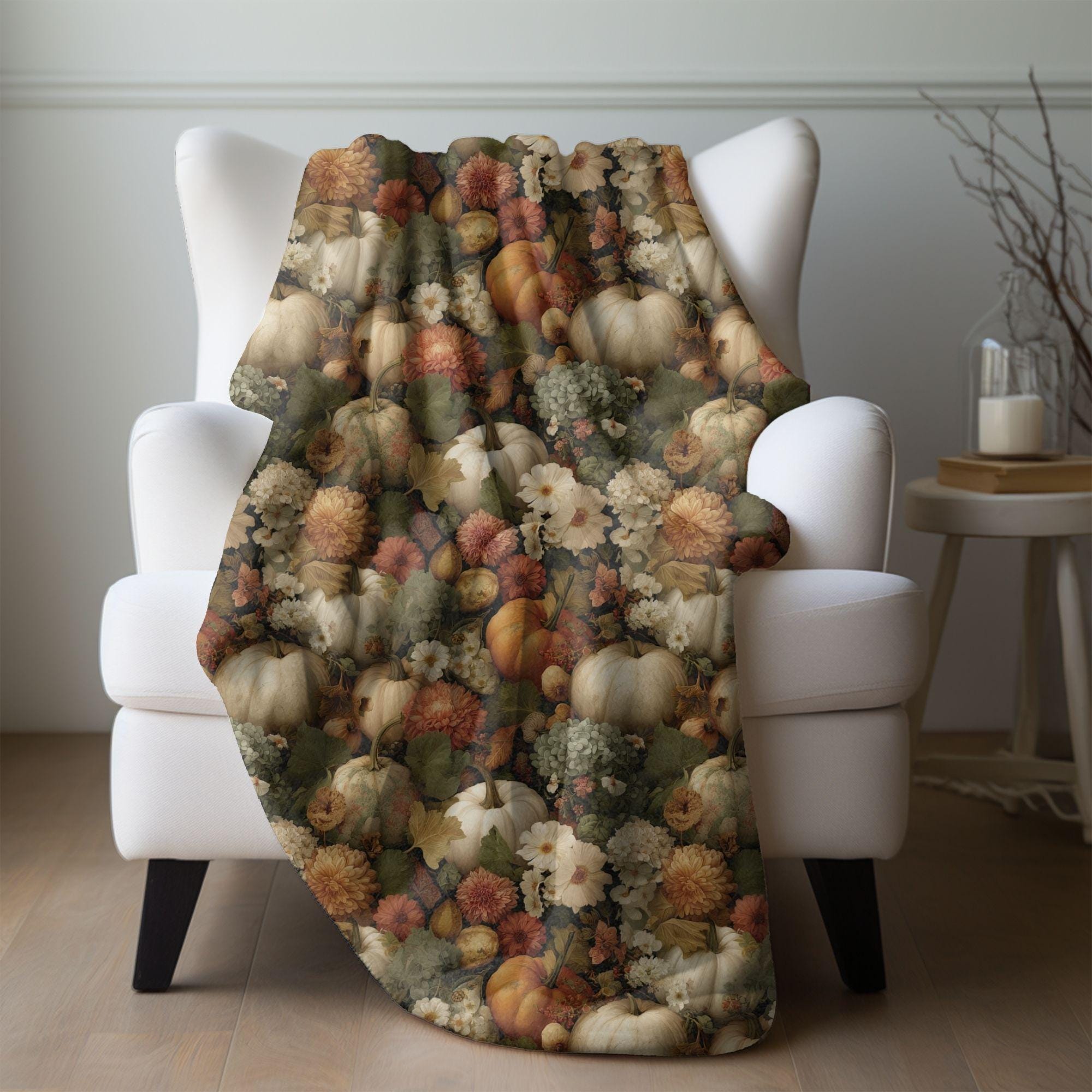 Fall Throw Blanket, Autumn Harvest Pumpkin Blanket, Cottagecore Floral Fleece Throw, Cozy Thanksgiving Decor, Rustic Farmhouse Gift
