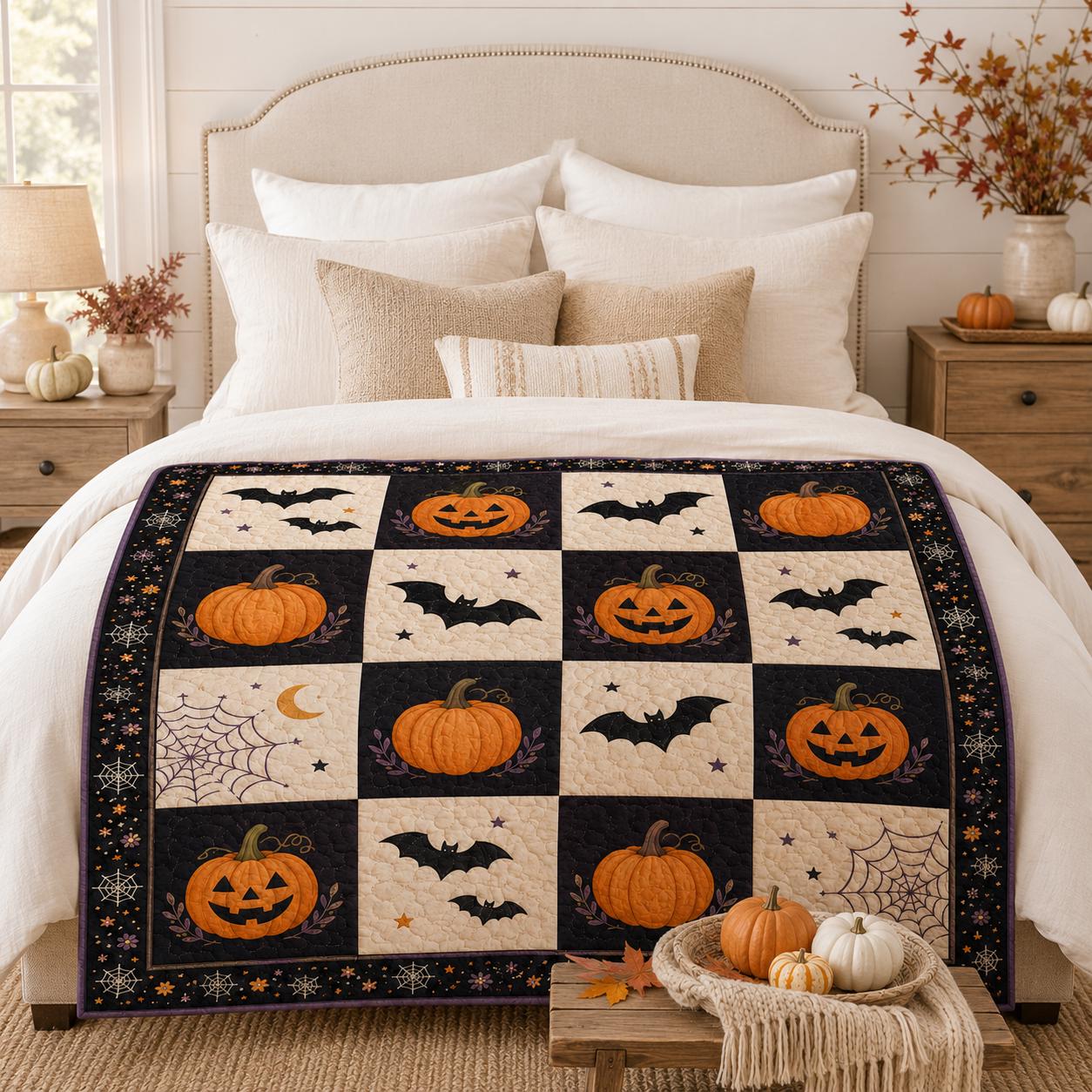Pumpkin Bat Halloween Quilt Blanket, Vintage Spooky Patchwork Throw, Gothic Fall Bedding, Cozy Autumn Home Decor Gift