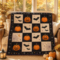 Pumpkin Bat Halloween Quilt Blanket, Vintage Spooky Patchwork Throw, Gothic Fall Bedding, Cozy Autumn Home Decor Gift