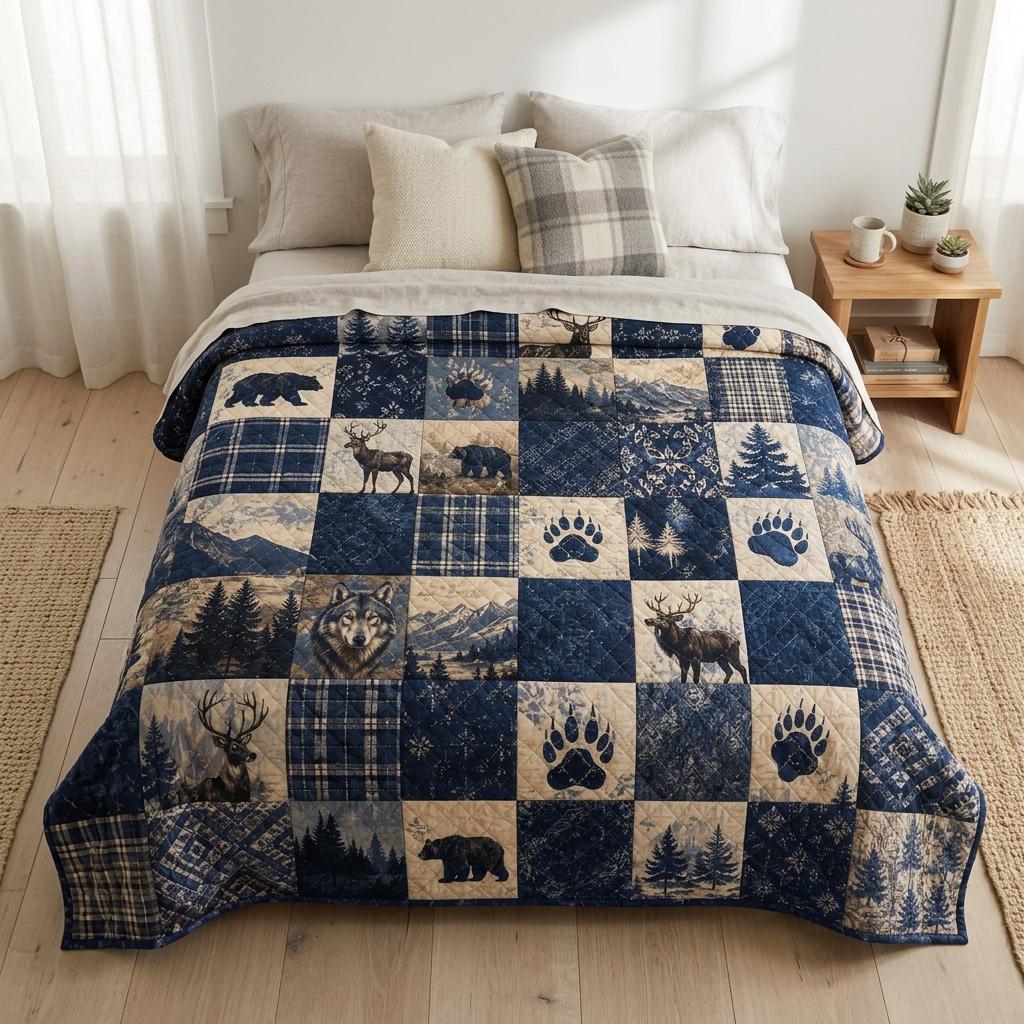 Woodland Animals Quilt Blanket, Cottagecore Vintage Bedding, Cute Forest Bear Fox Deer Nursery Throw, Stay Wild My Child Baby Gift