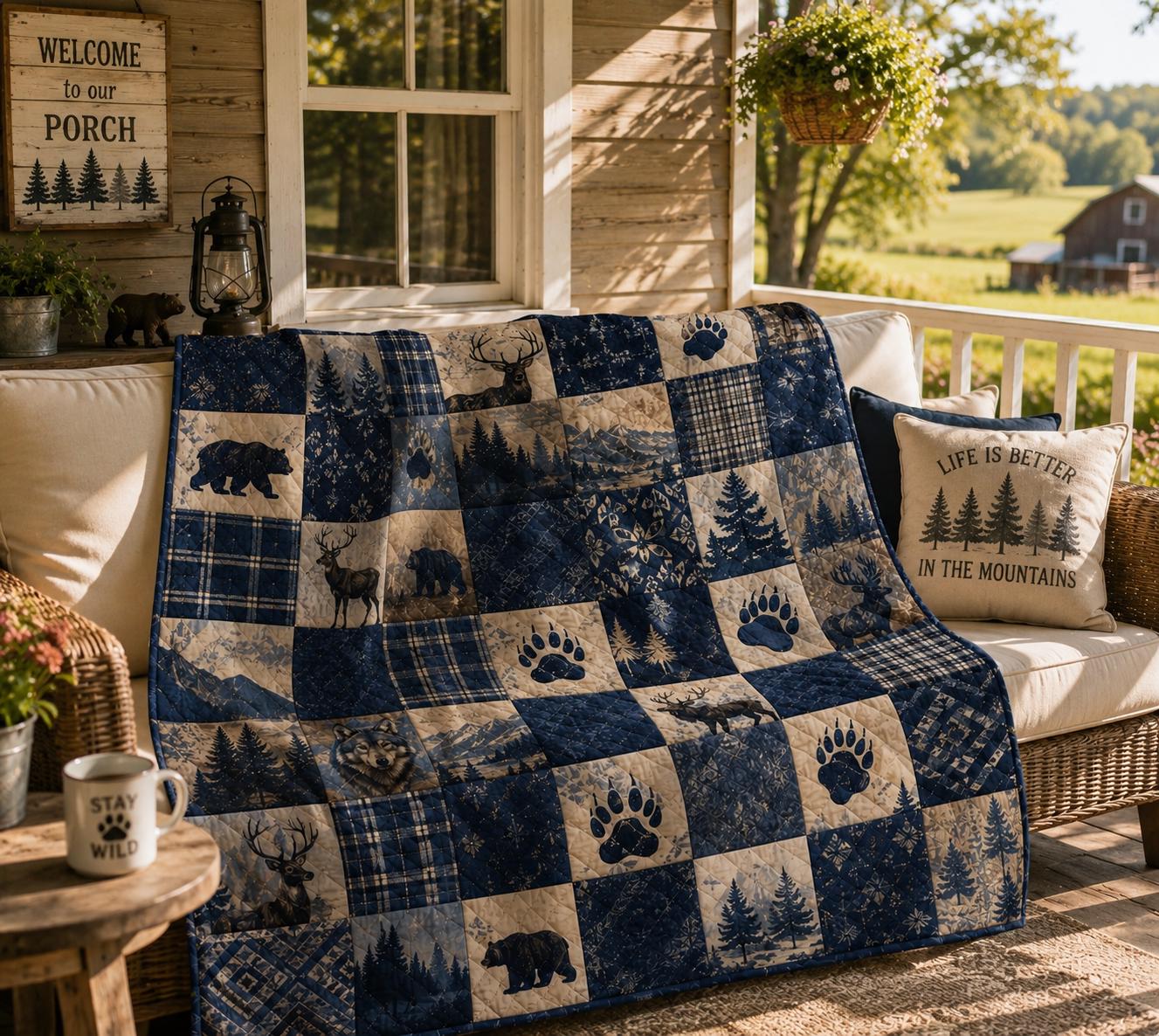 Woodland Animals Quilt Blanket, Cottagecore Vintage Bedding, Cute Forest Bear Fox Deer Nursery Throw, Stay Wild My Child Baby Gift