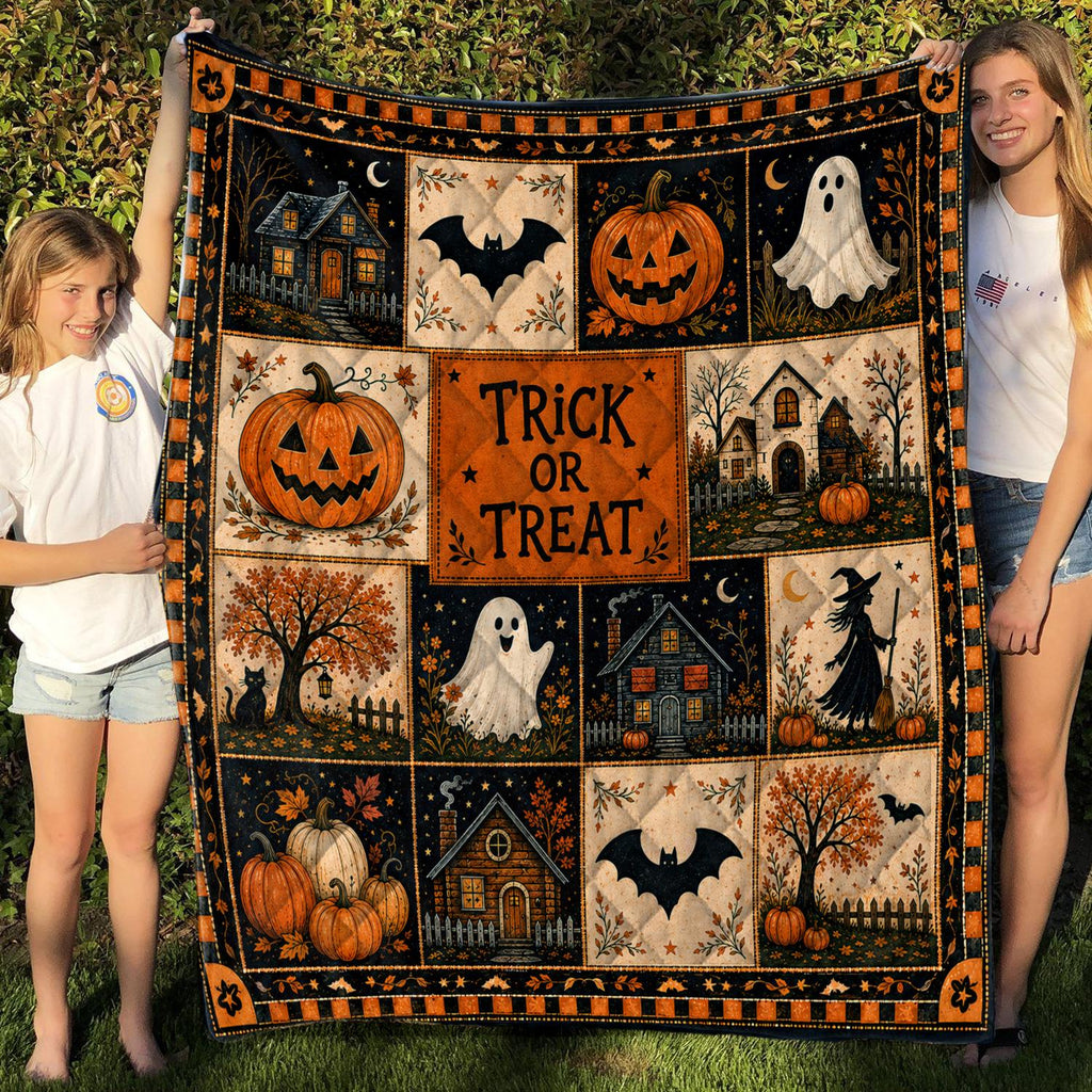 Halloween Quilt Blanket, Cute Ghost Pumpkin Throw Trick or Treat Rustic Autumn Patchwork Decor Spooky Season Witchy Gift for Black Cat Lover