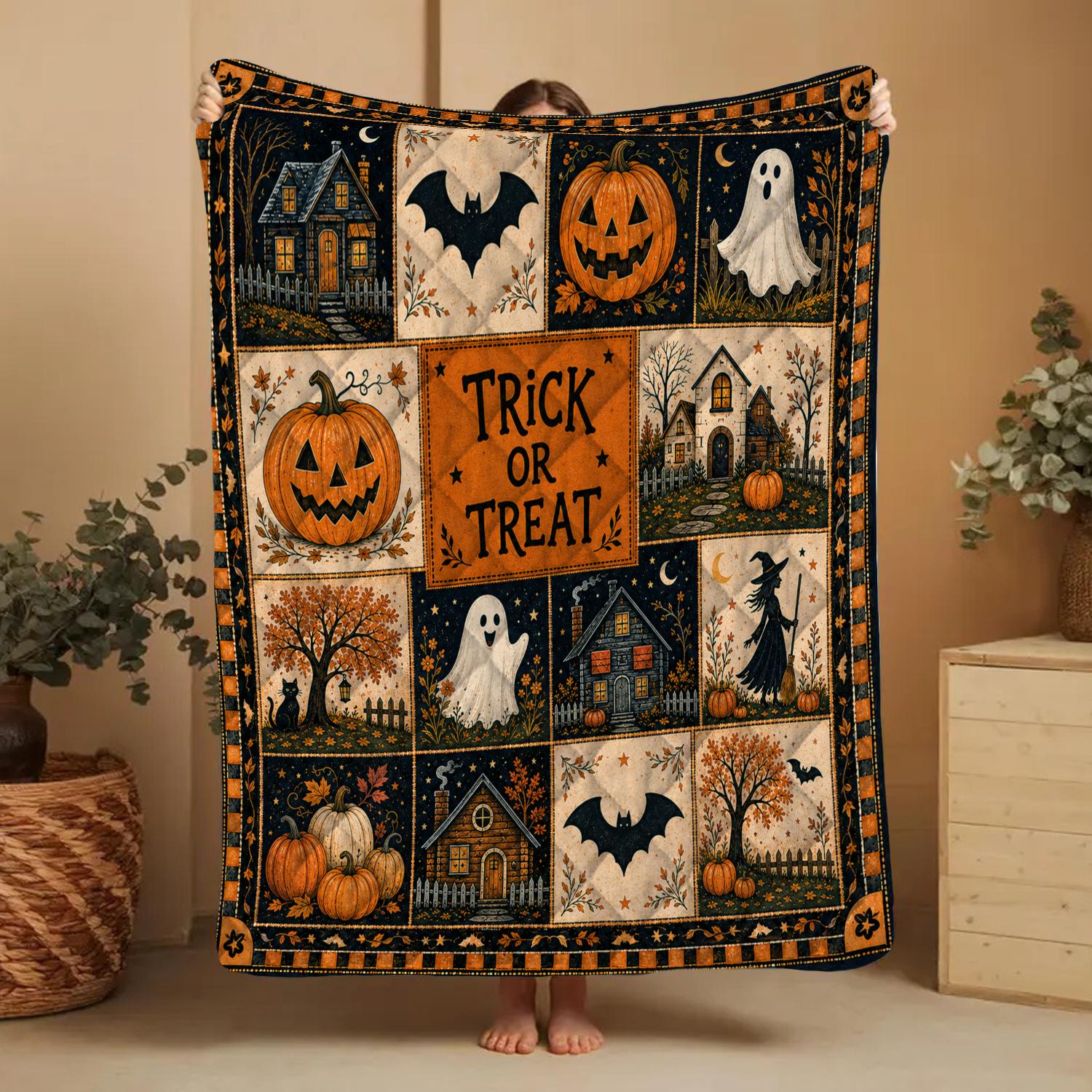 Halloween Quilt Blanket, Cute Ghost Pumpkin Throw Trick or Treat Rustic Autumn Patchwork Decor Spooky Season Witchy Gift for Black Cat Lover
