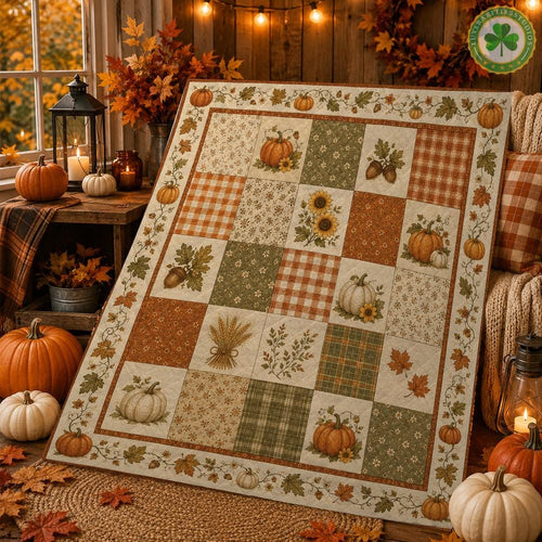 Autumn Patchwork Quilt Blanket, Pumpkin Fall Bedding, Farmhouse Harvest Throw, Cottagecore Quilt