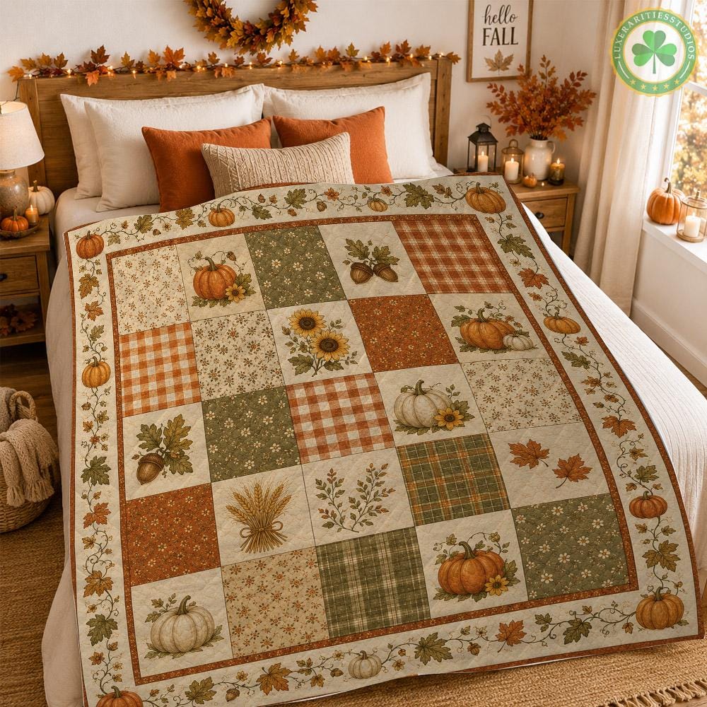 Autumn Patchwork Quilt Blanket, Pumpkin Fall Bedding, Farmhouse Harvest Throw, Cottagecore Quilt