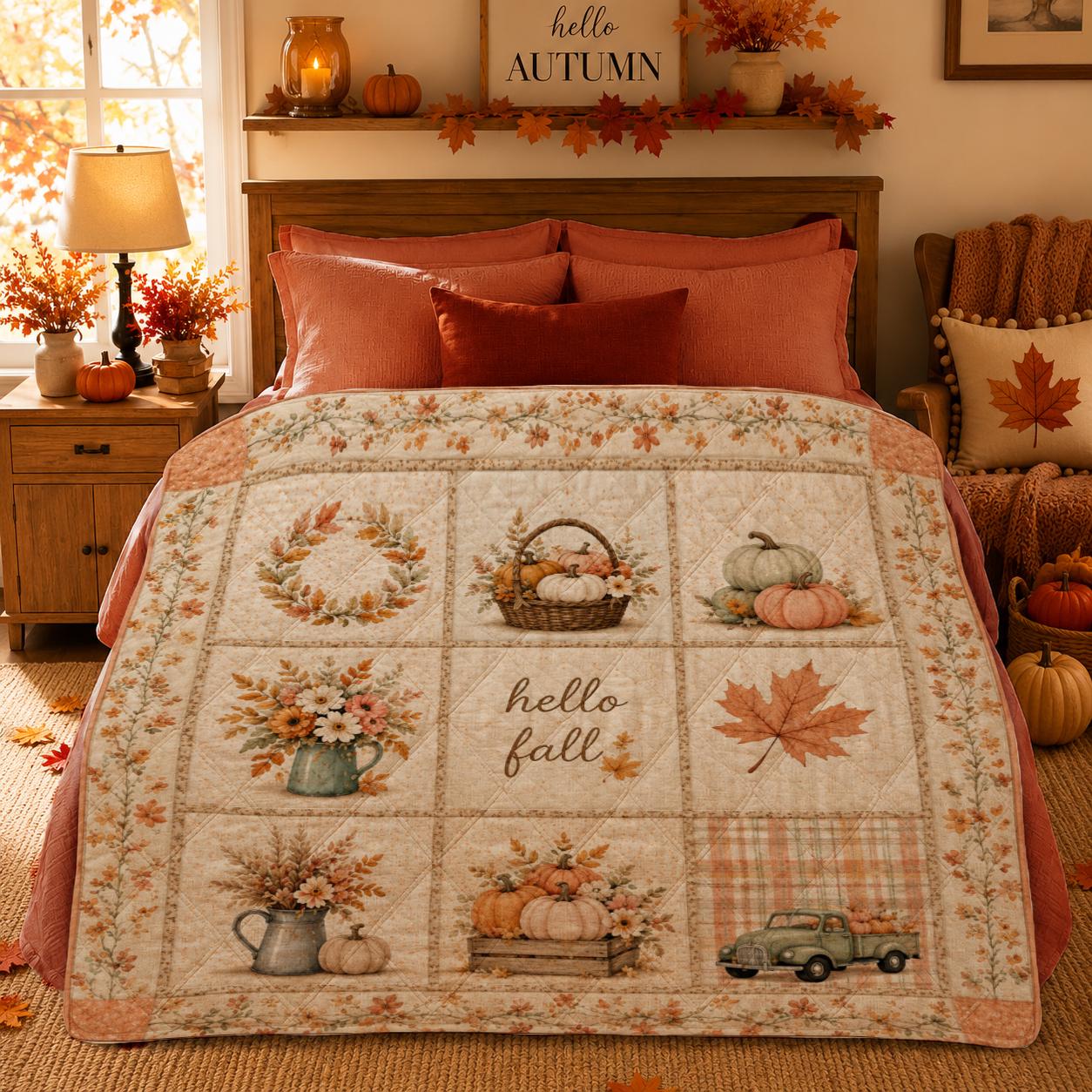Rustic Fall Quilt Blanket, Pumpkin Patchwork Throw, Autumn Farmhouse Bedding, Cozy Harvest Home Decor