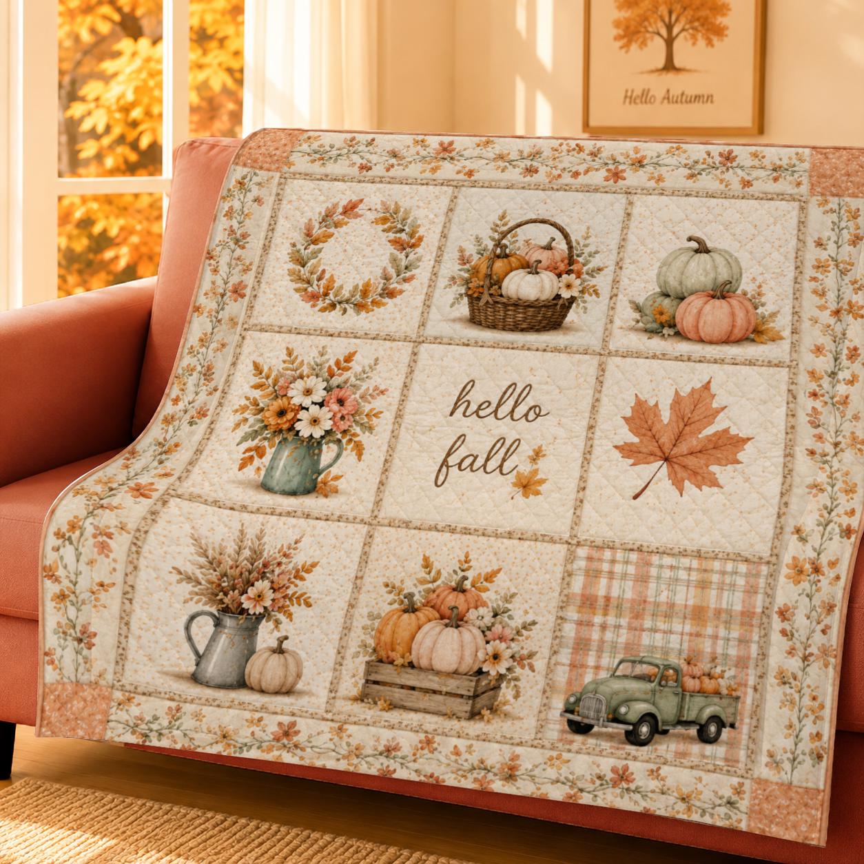 Rustic Fall Quilt Blanket, Pumpkin Patchwork Throw, Autumn Farmhouse Bedding, Cozy Harvest Home Decor