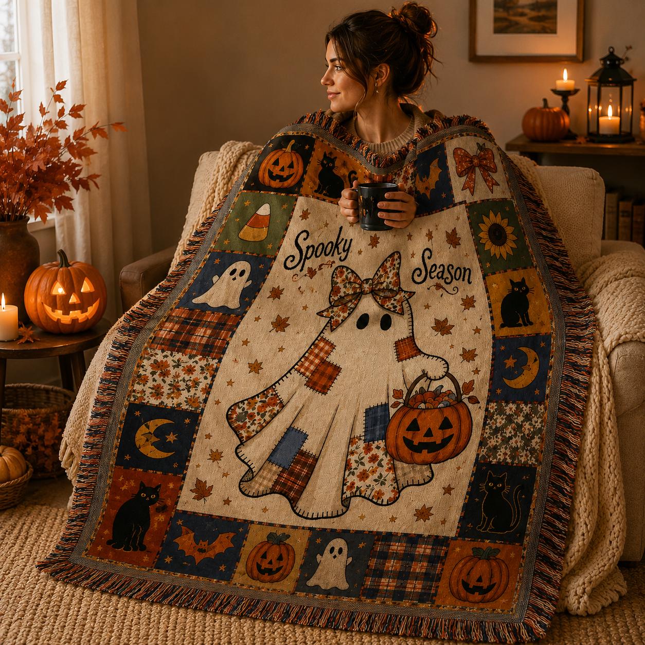 Halloween Woven Blanket, Spooky Season Ghost Throw Blanket, Pumpkin Cat Fall Decor, Cozy Autumn Fringe Blanket BRD-1G127