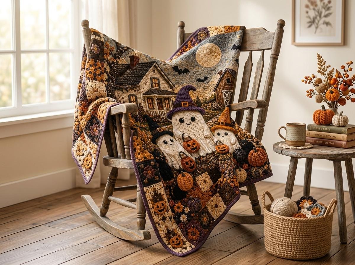 Halloween Quilt Blanket, Faux Crochet Cute Ghost Print Blanket, Spooky Pumpkin Patch Throw, Gothic Autumn Bedding, Haunted House Decor