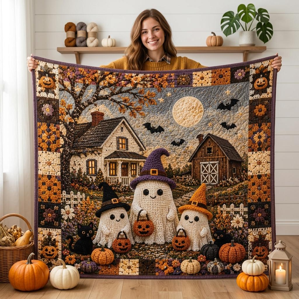 Halloween Quilt Blanket, Faux Crochet Cute Ghost Print Blanket, Spooky Pumpkin Patch Throw, Gothic Autumn Bedding, Haunted House Decor